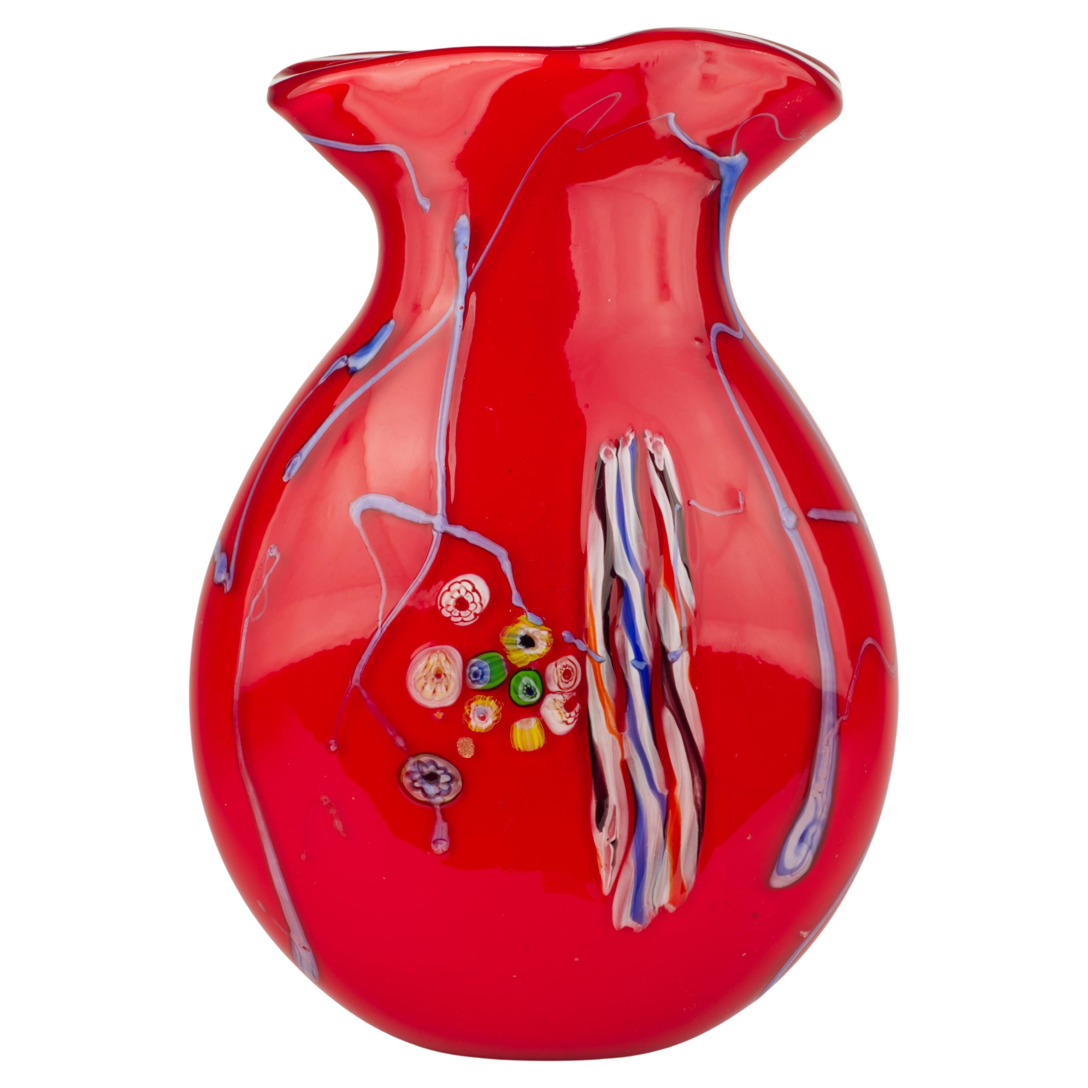 Large Red Millefiori and Murine Vase, Murano Glass In Style of Dino Martens