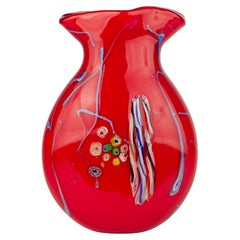 Gran Jarrón Rojo Millefiori y Murina, Vidrio de Murano Al Estilo de Dino Martens