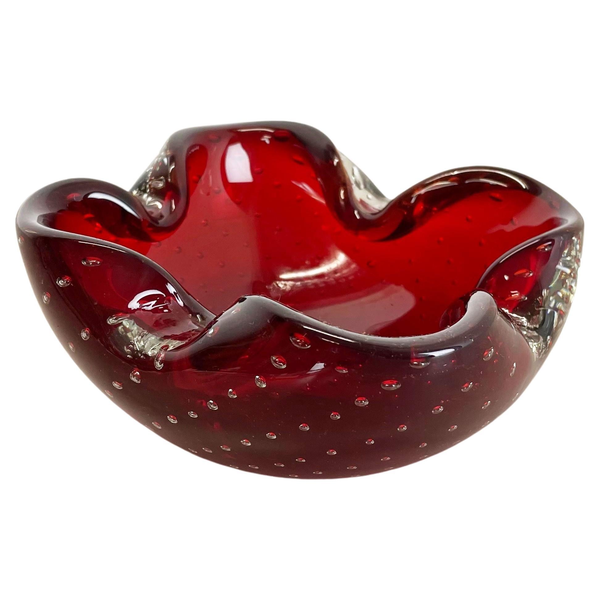 Large Red Murano Bubble Glass Bowl Element Shell Ashtray Murano, Italy, 1970s For Sale