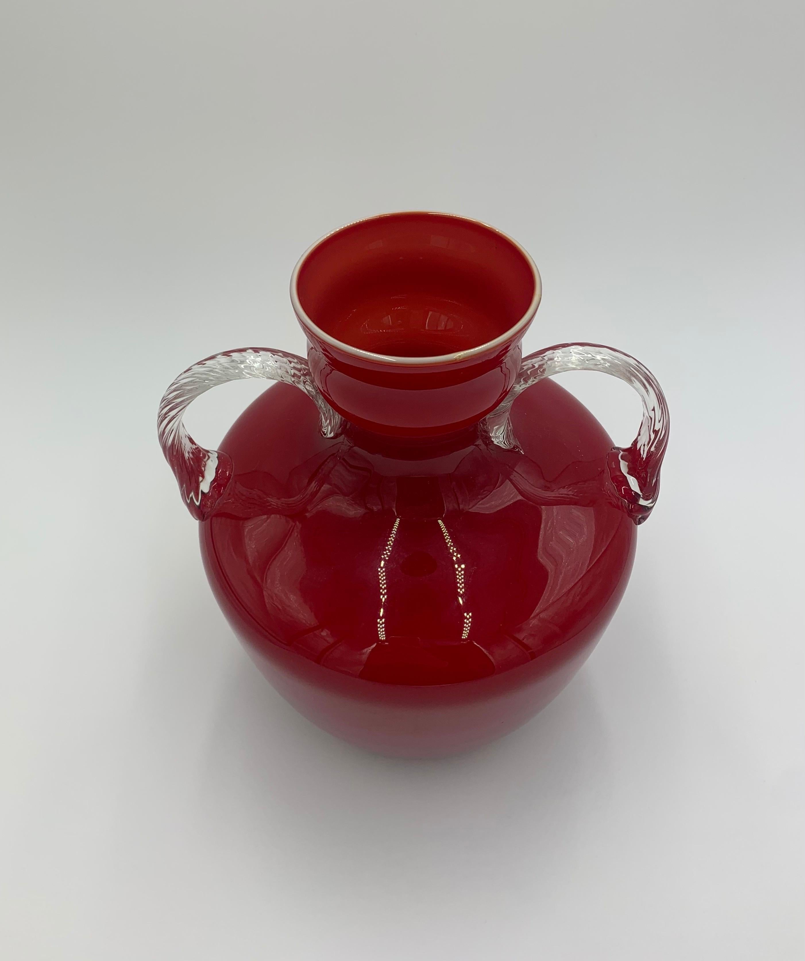 Large Red Opalina Fiorentina glass vase from Empoli Italy from 1960s. Excellent condition. Hand blown. Beautiful ears.
   