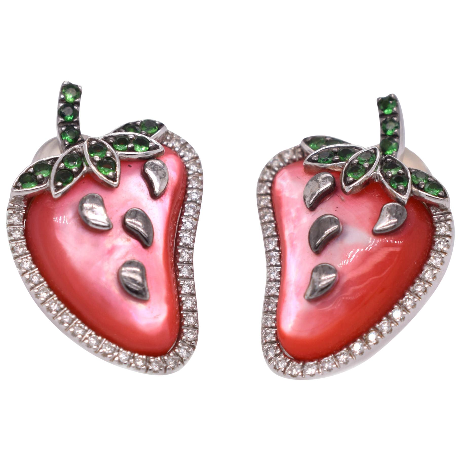 Large Red-Orange Citrine, Diamond, and Emerald Strawberry White Gold Earrings For Sale