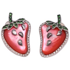 Large Red-Orange Citrine, Diamond, and Emerald Strawberry White Gold Earrings