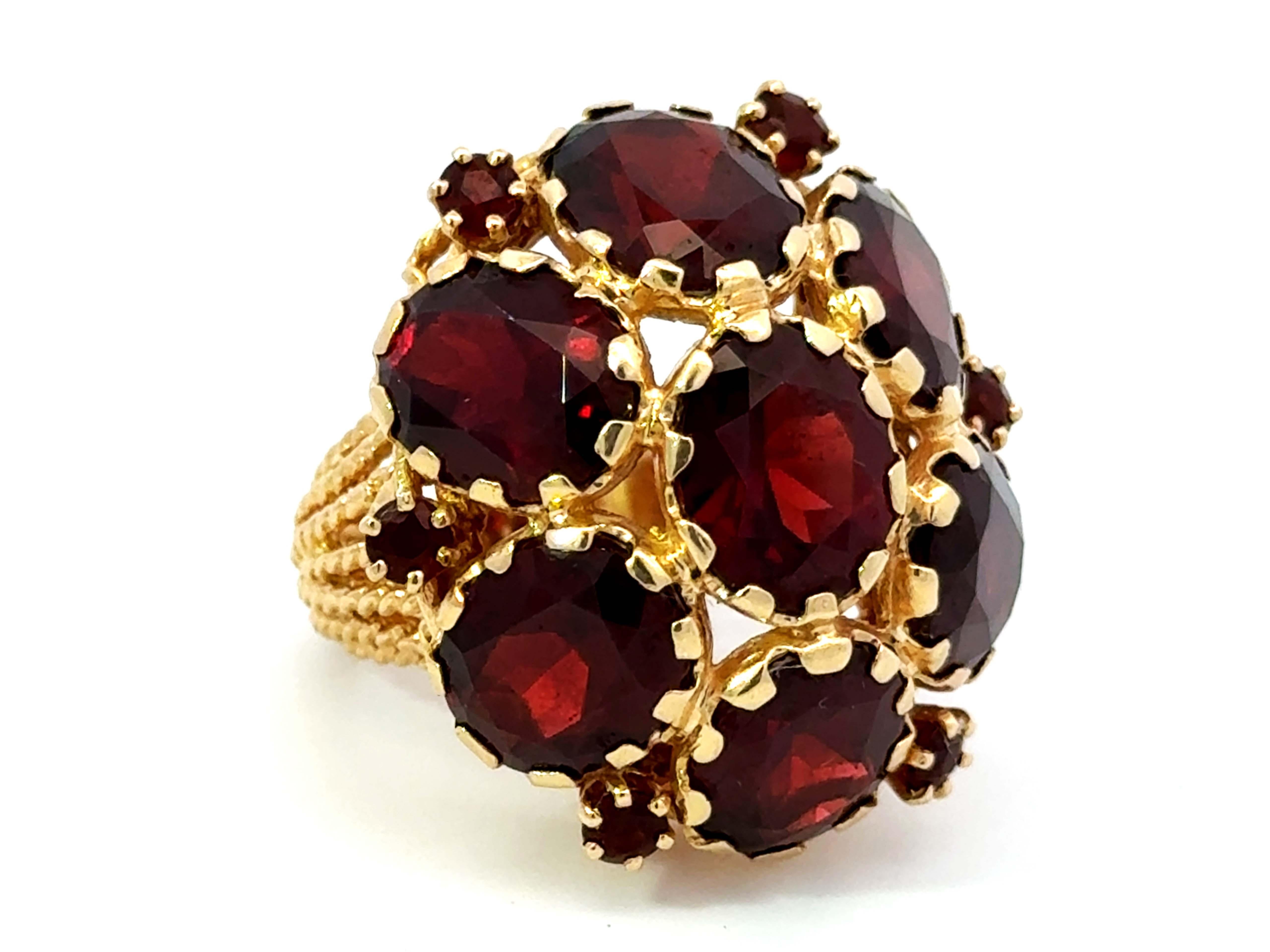 Modern Large Red Oval Garnet Flower Cocktail Ring 14k Yellow Gold For Sale