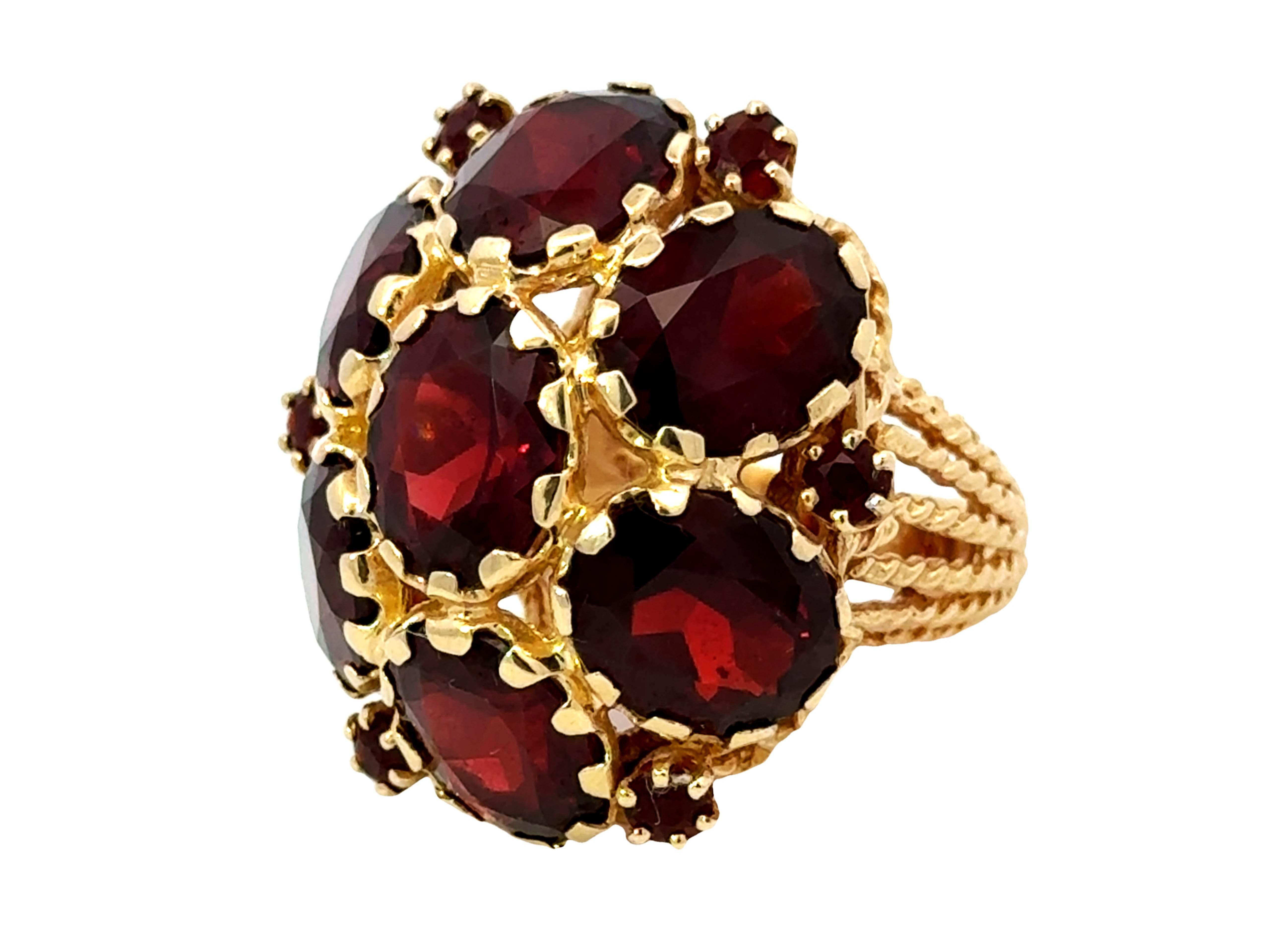 Oval Cut Large Red Oval Garnet Flower Cocktail Ring 14k Yellow Gold For Sale