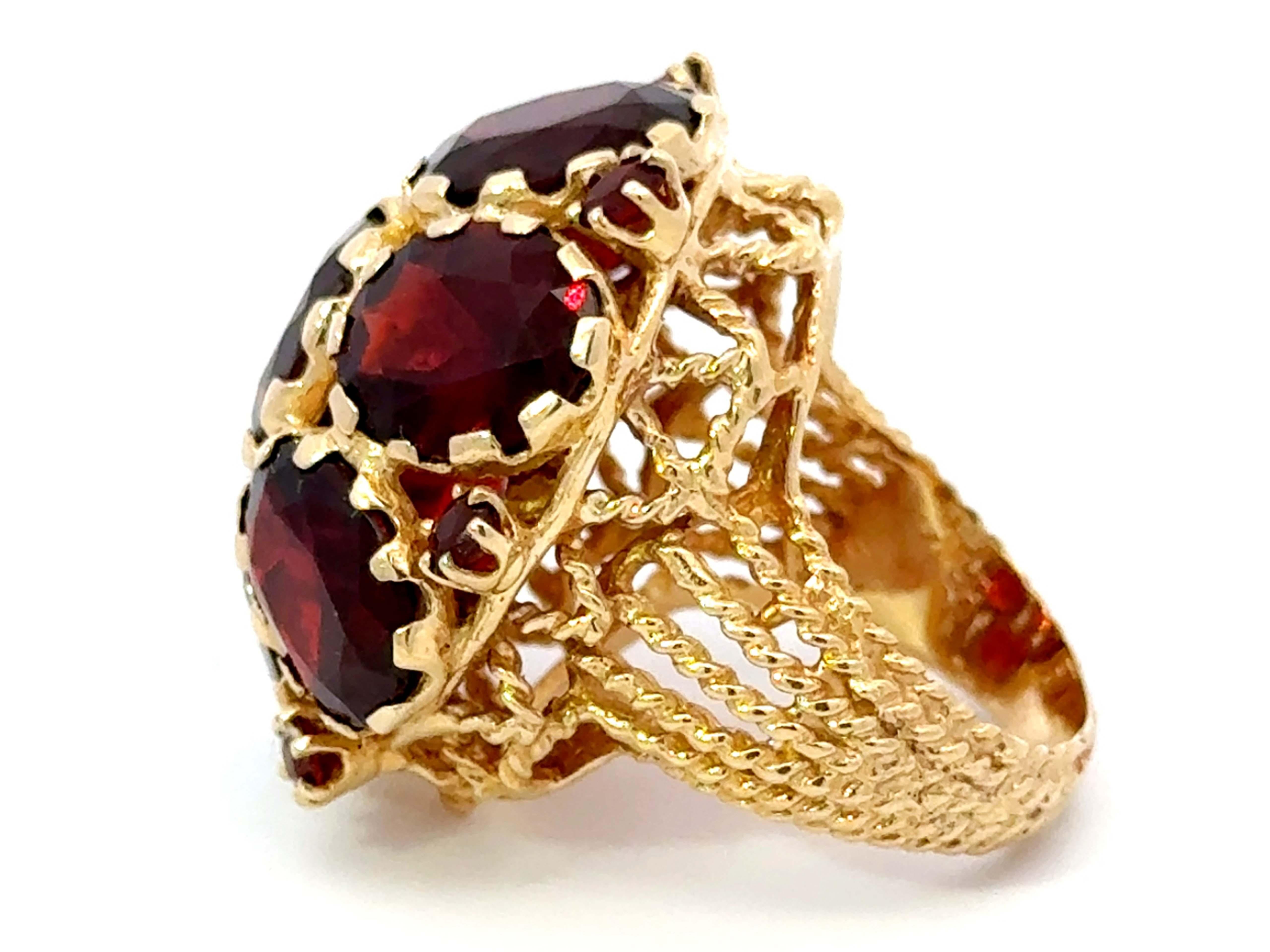Women's Large Red Oval Garnet Flower Cocktail Ring 14k Yellow Gold For Sale