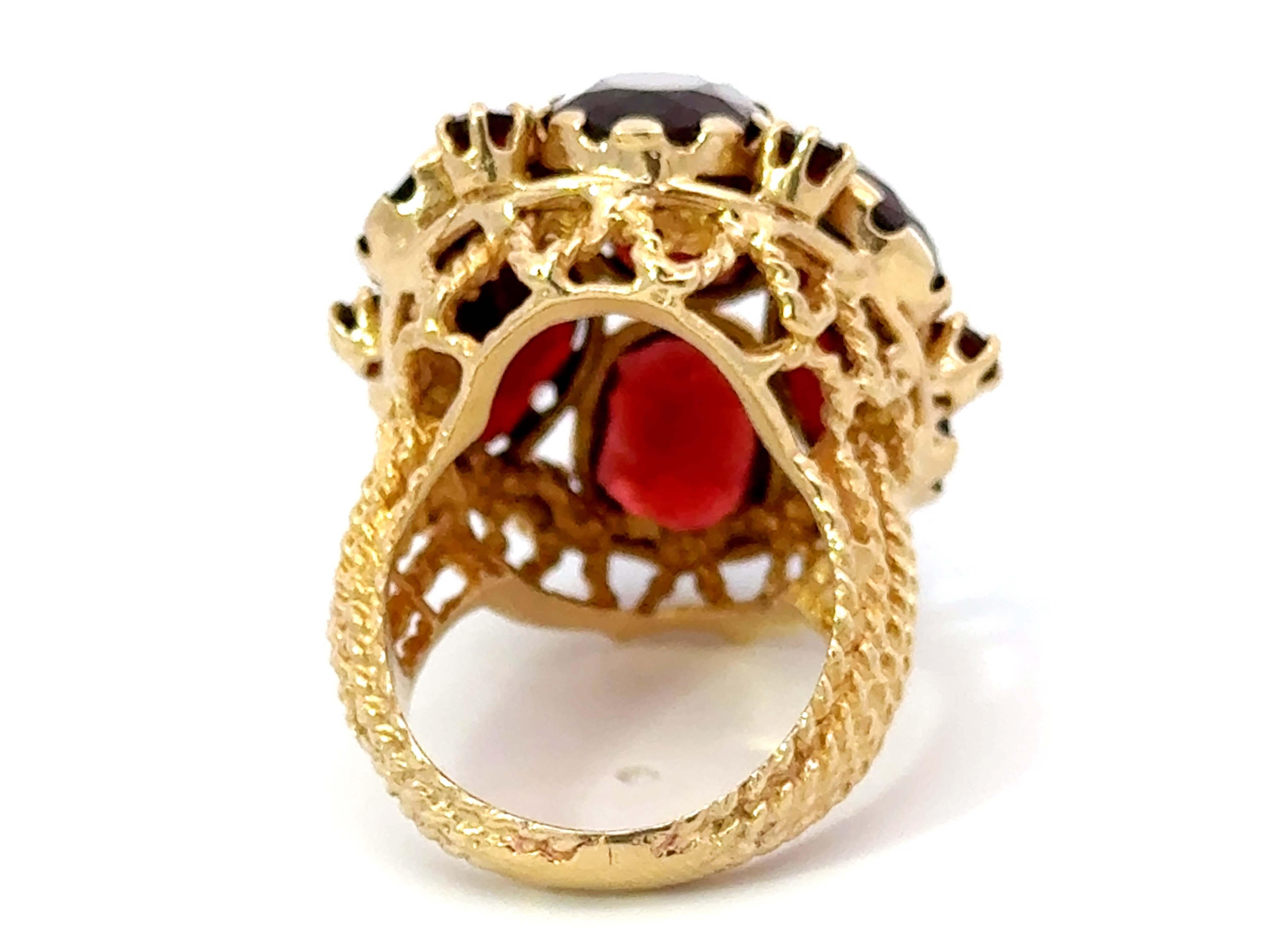 Large Red Oval Garnet Flower Cocktail Ring 14k Yellow Gold For Sale 1
