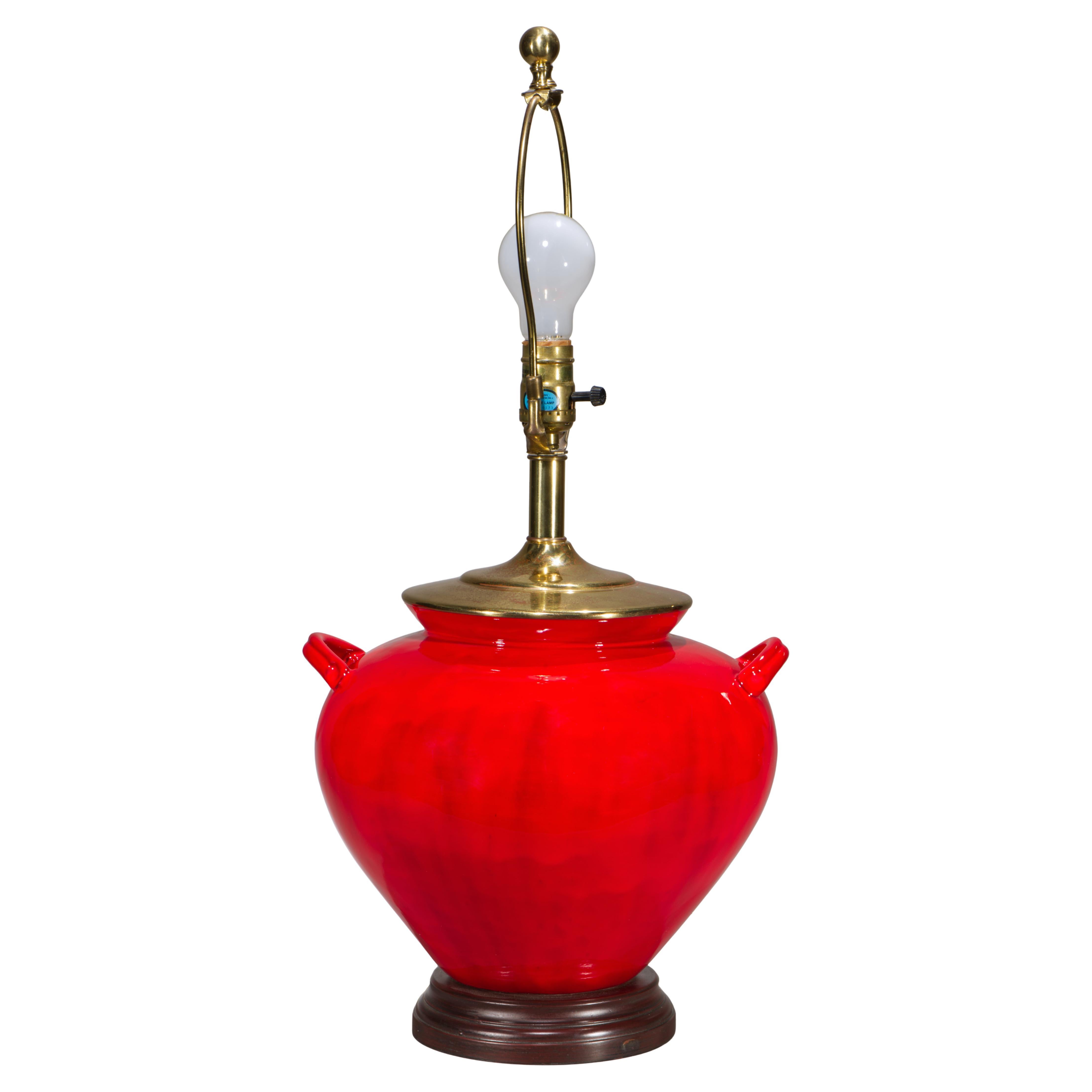 Large Red Oxblood Chinoiserie Ceramic Urn Table Lamp, 1970s-1980s