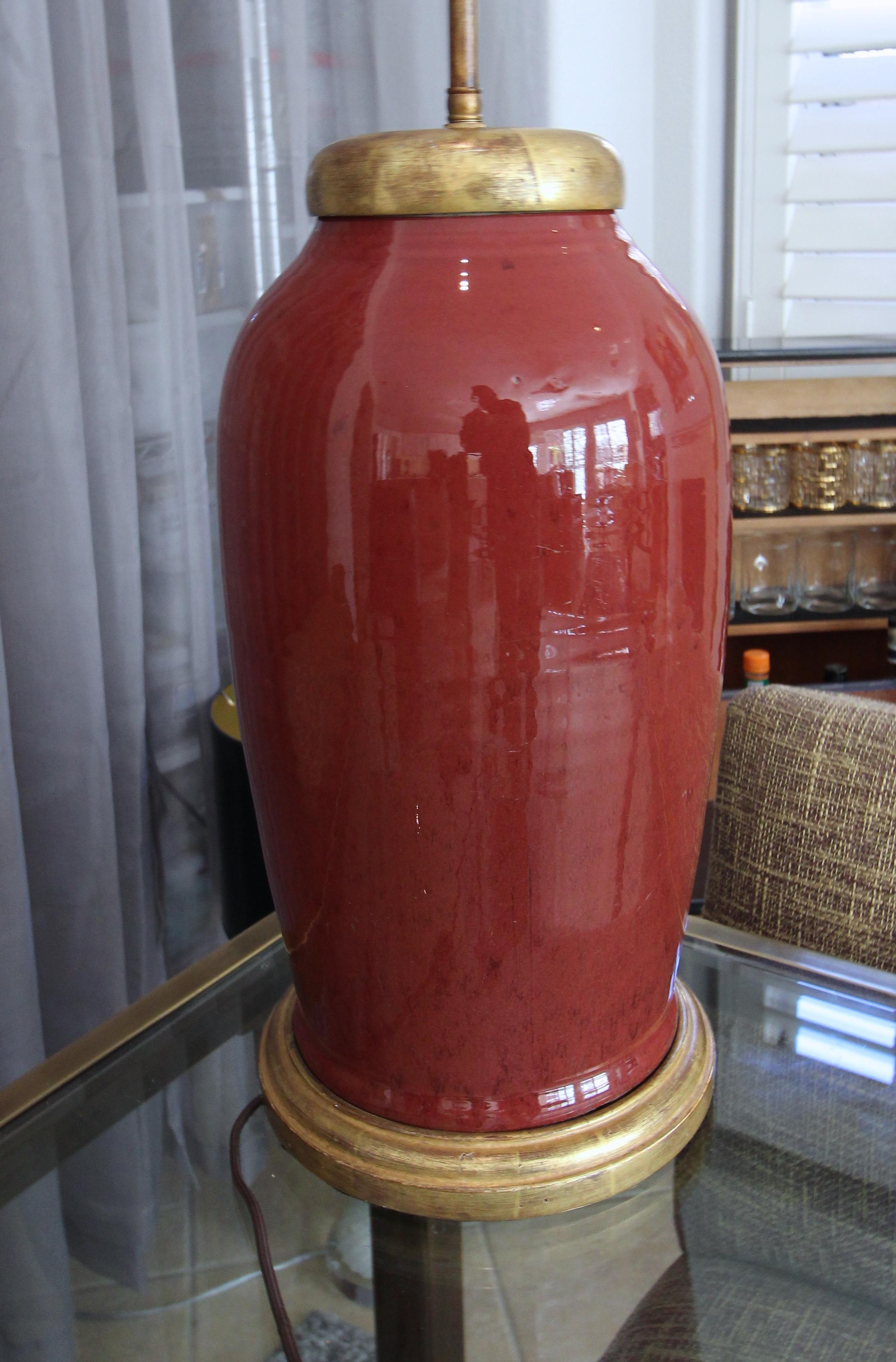 Late 20th Century Large Chinese Oxblood Porcelain Water Gilt Table Lamp For Sale