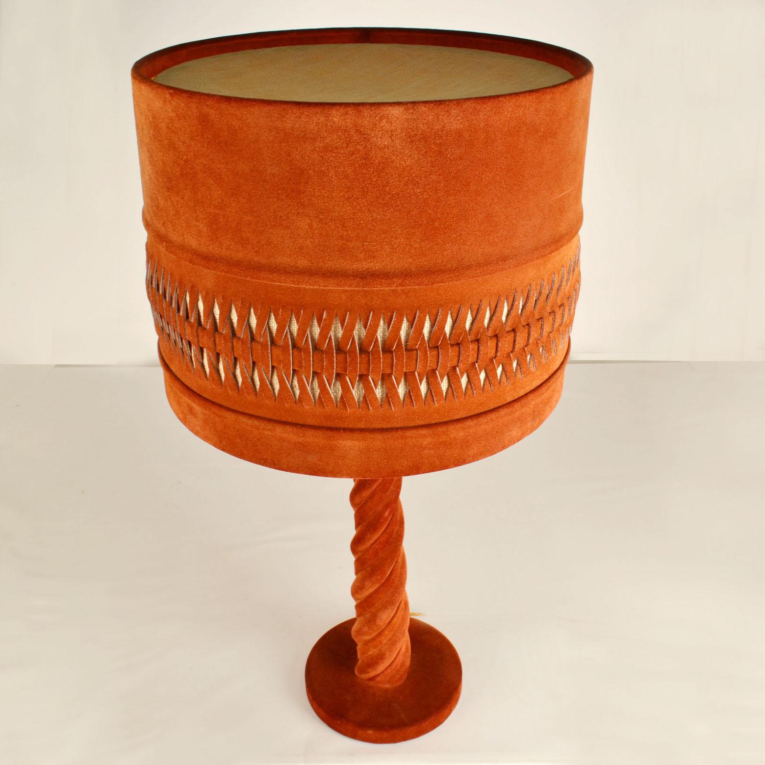 German Large Red Suede Leather and Brass 1960's Table Lamp For Sale