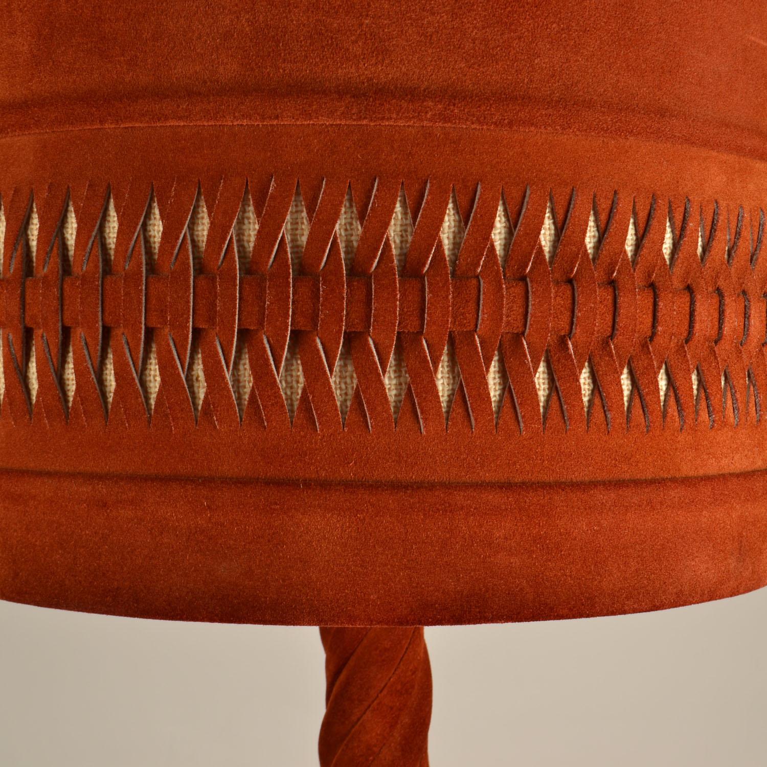 Mid-20th Century Large Red Suede Leather and Brass 1960's Table Lamp For Sale