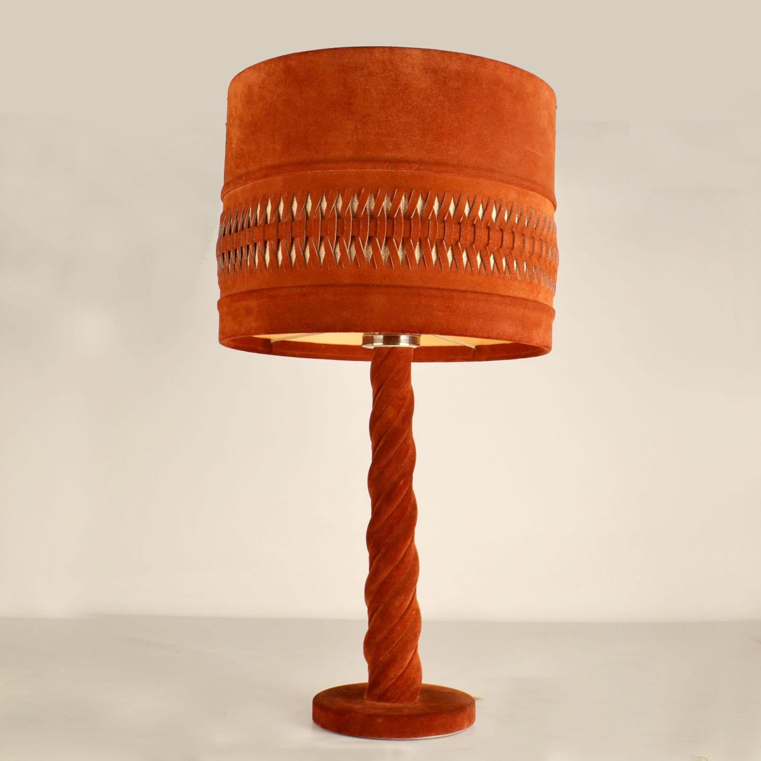 Large Red Suede Leather and Brass 1960's Table Lamp For Sale 2