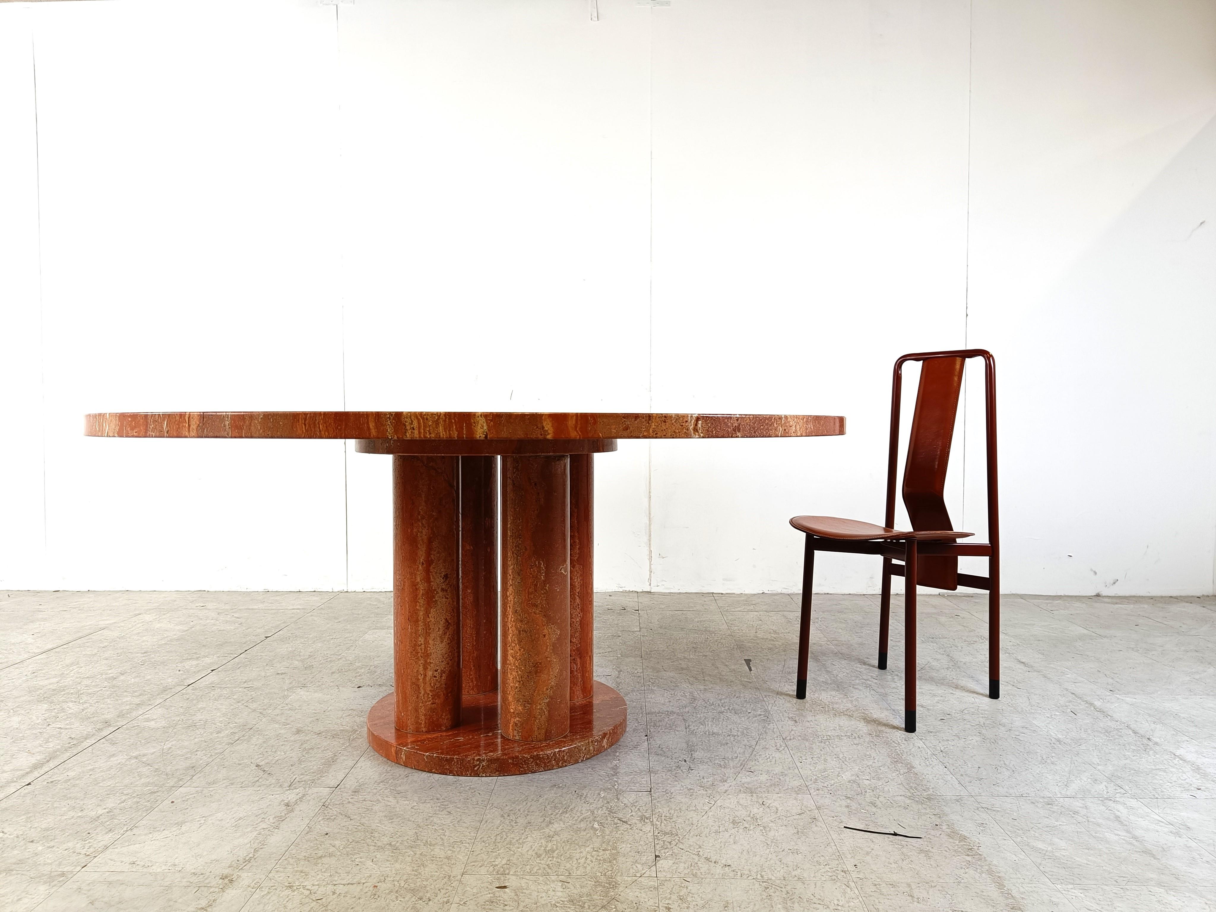 Italian Large red travertine round dining table, 1970s For Sale