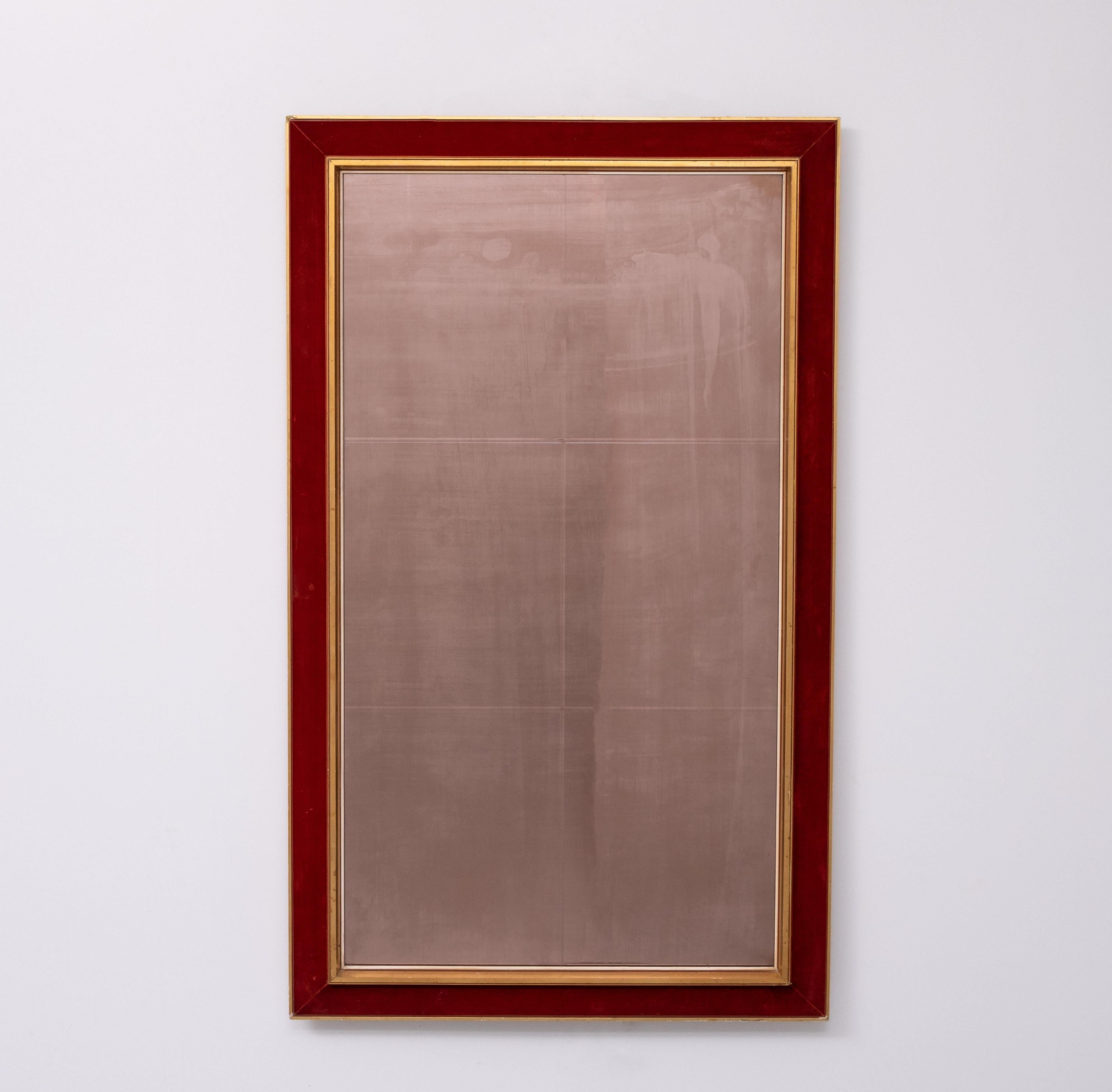 Mid-Century Modern Large Red Velvet Bronze wall Mirror  1960s Italy For Sale