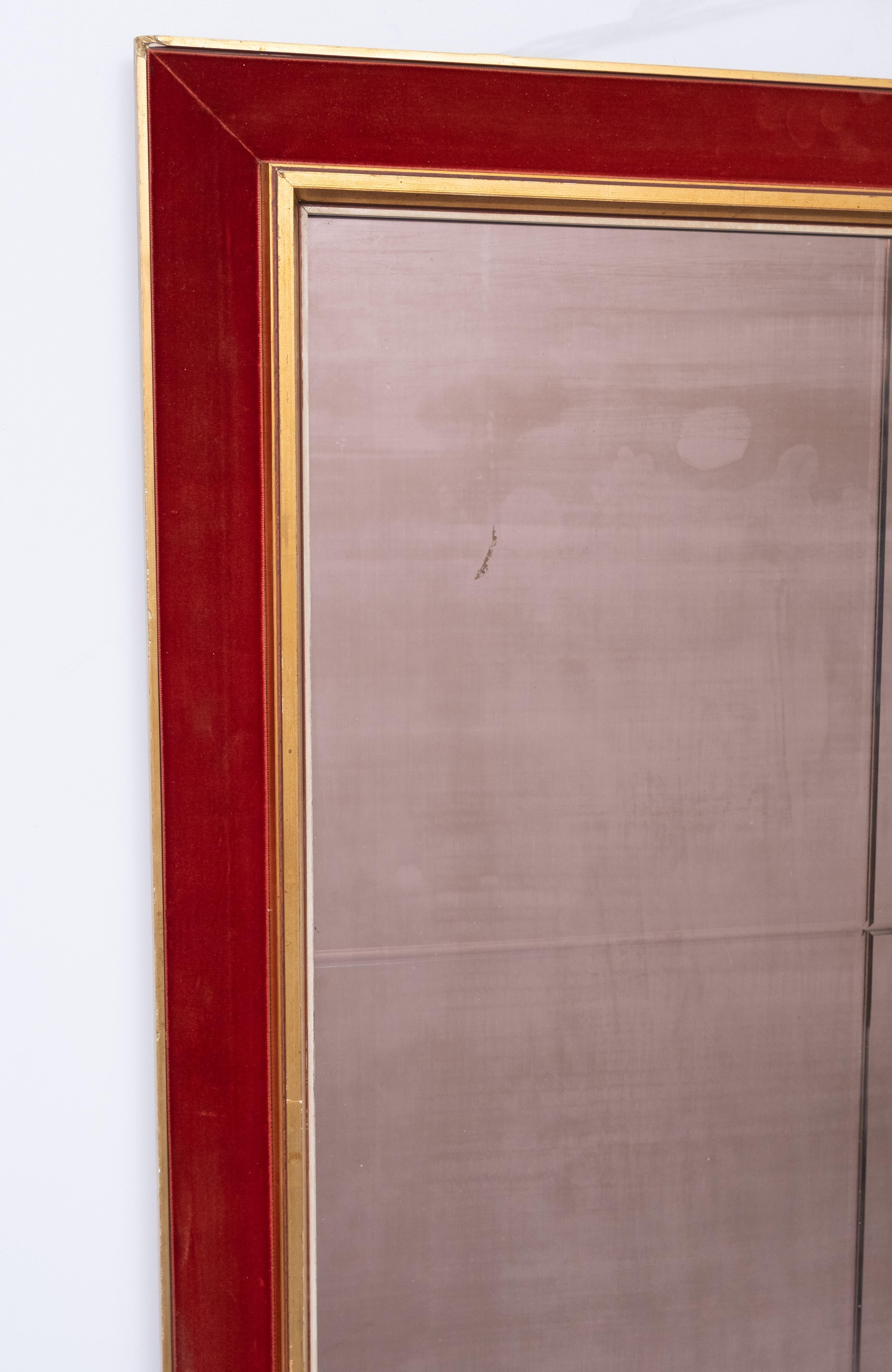 Italian Large Red Velvet Bronze wall Mirror  1960s Italy For Sale