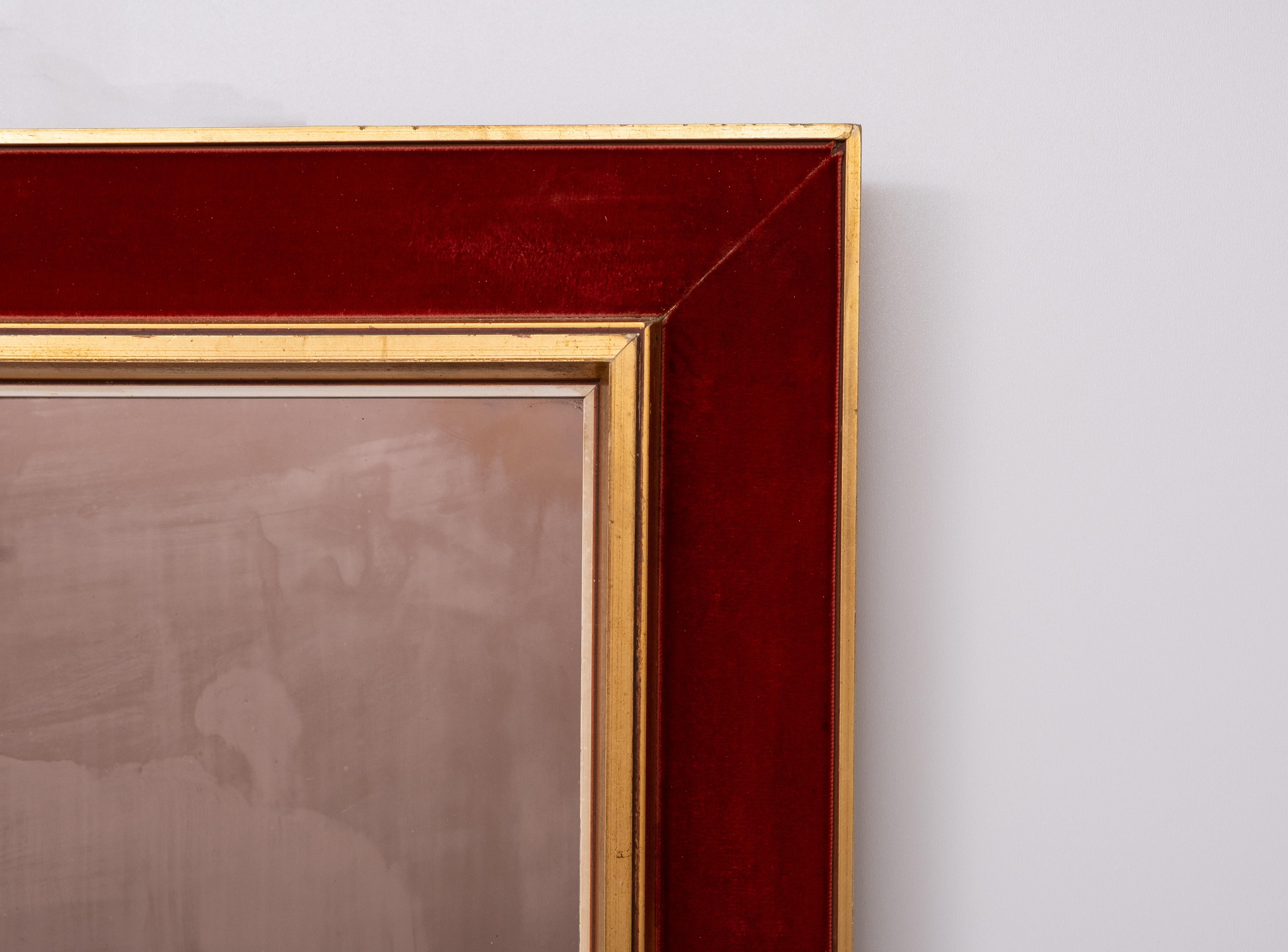 Mid-20th Century Large Red Velvet Bronze wall Mirror  1960s Italy For Sale