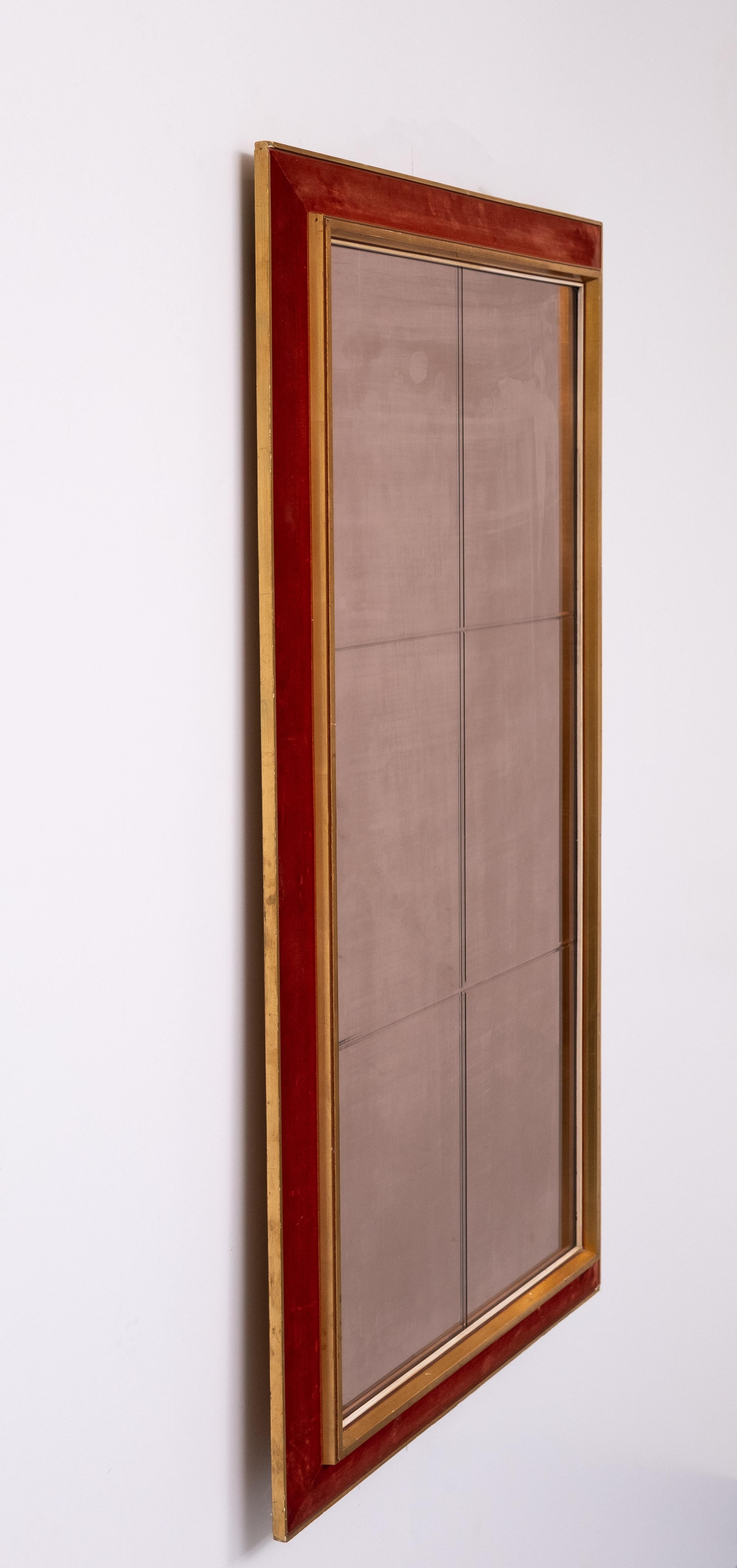 Large Red Velvet Bronze wall Mirror  1960s Italy For Sale 1