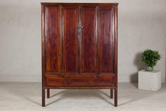 Large Reddish Brown Lacquered Cabinet with Folding Doors and Two Shelves