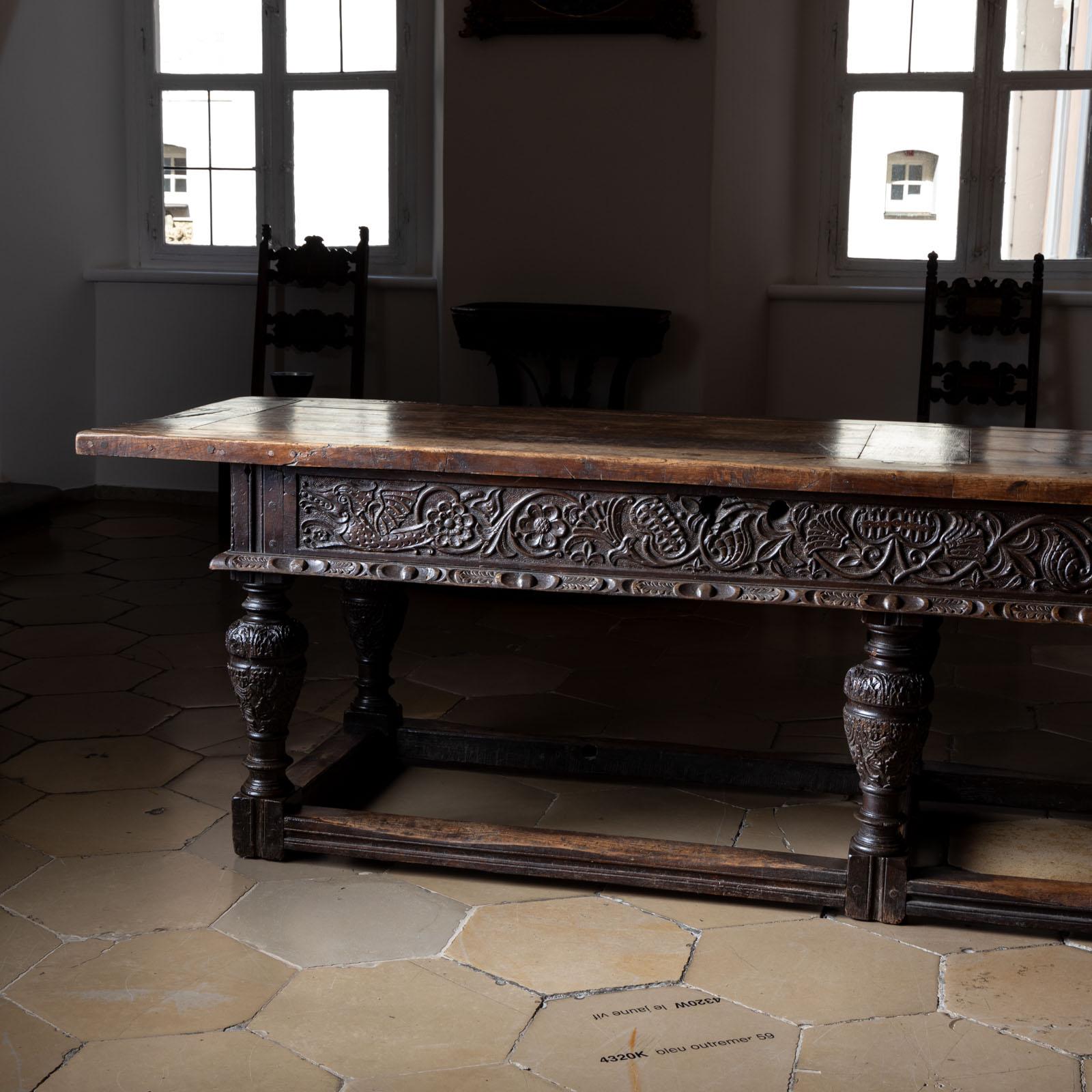 Carved Large Refectory Dining Table, 18/19th Century For Sale