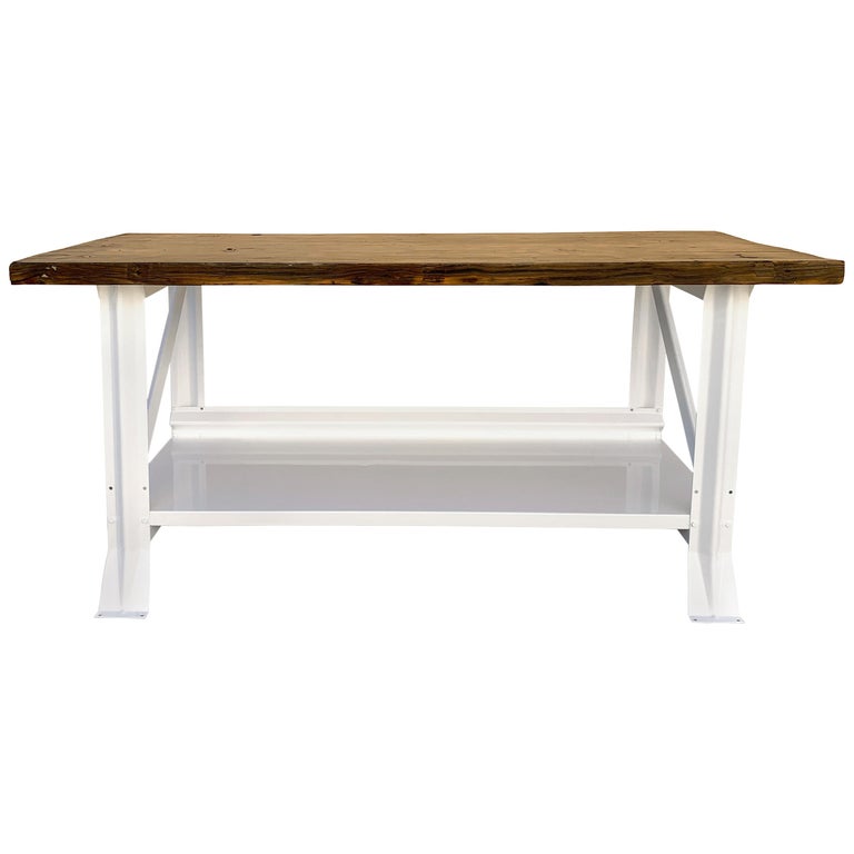 Large Refinished Vintage Work Table with Antique Reclaimed Wood Top For