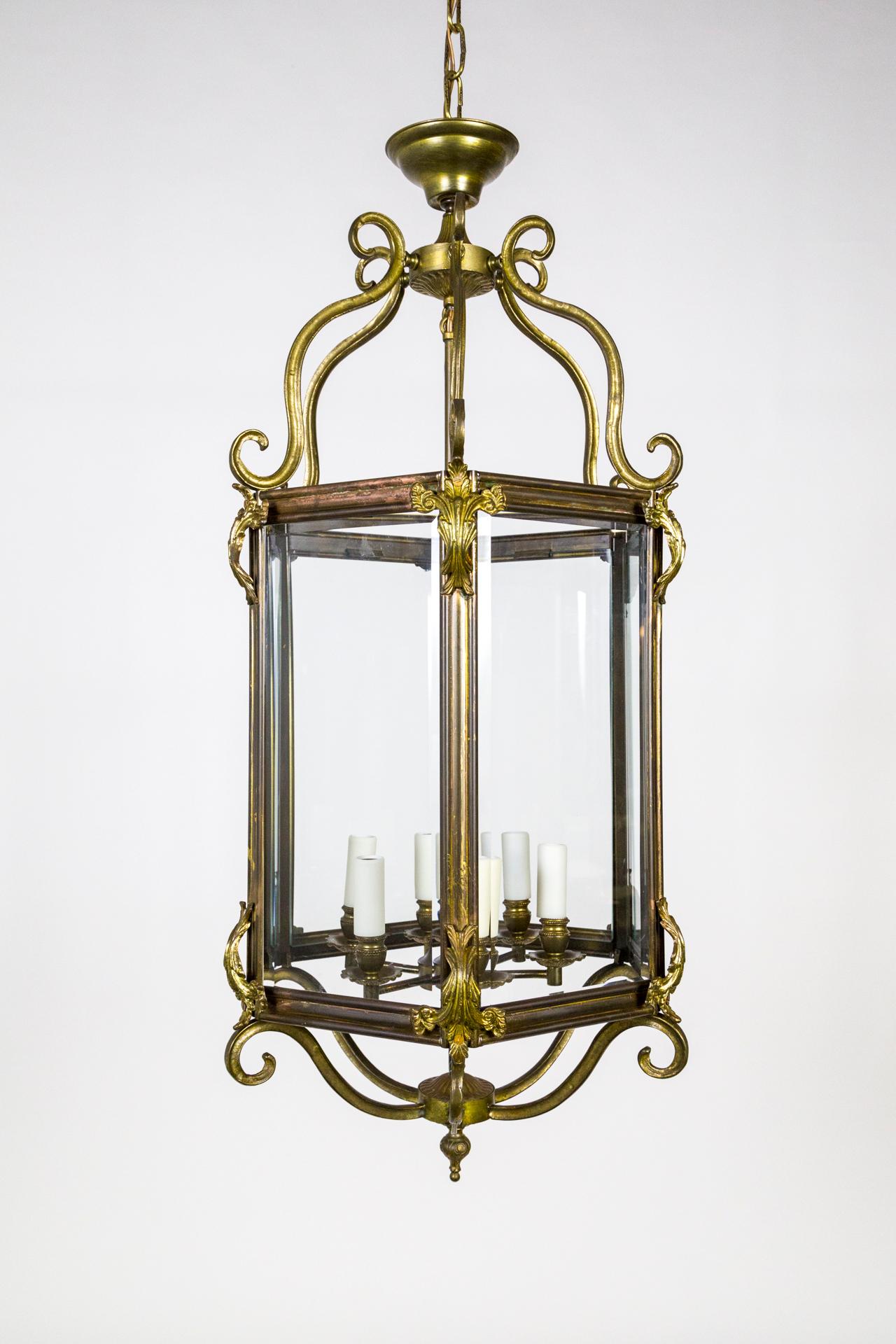 Large Regency 6 Panel Brass Lantern w/ Scrolls Acanthus Leaves For Sale 5