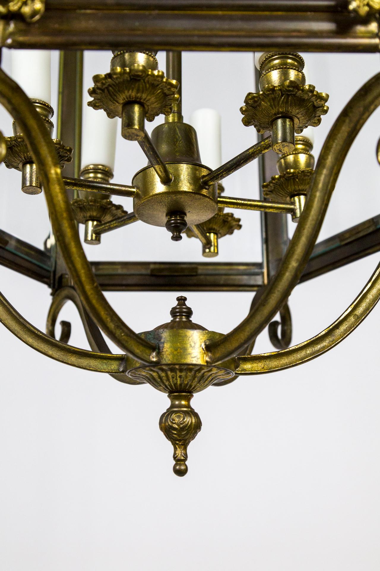 19th Century Large Regency 6 Panel Brass Lantern w/ Scrolls Acanthus Leaves For Sale
