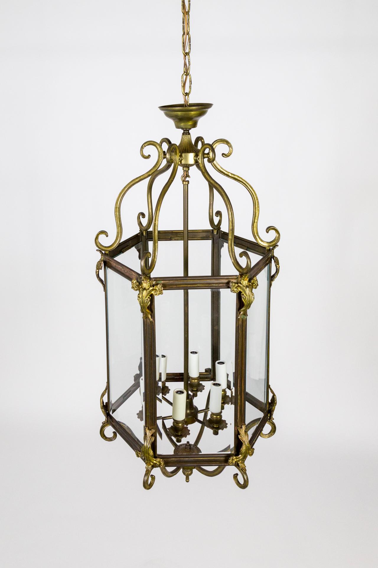 Large Regency 6 Panel Brass Lantern w/ Scrolls Acanthus Leaves For Sale 3