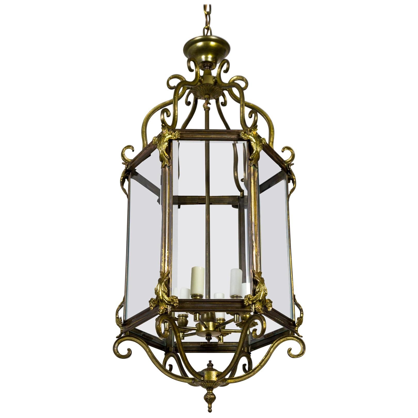 Large Regency 6 Panel Brass Lantern w/ Scrolls Acanthus Leaves