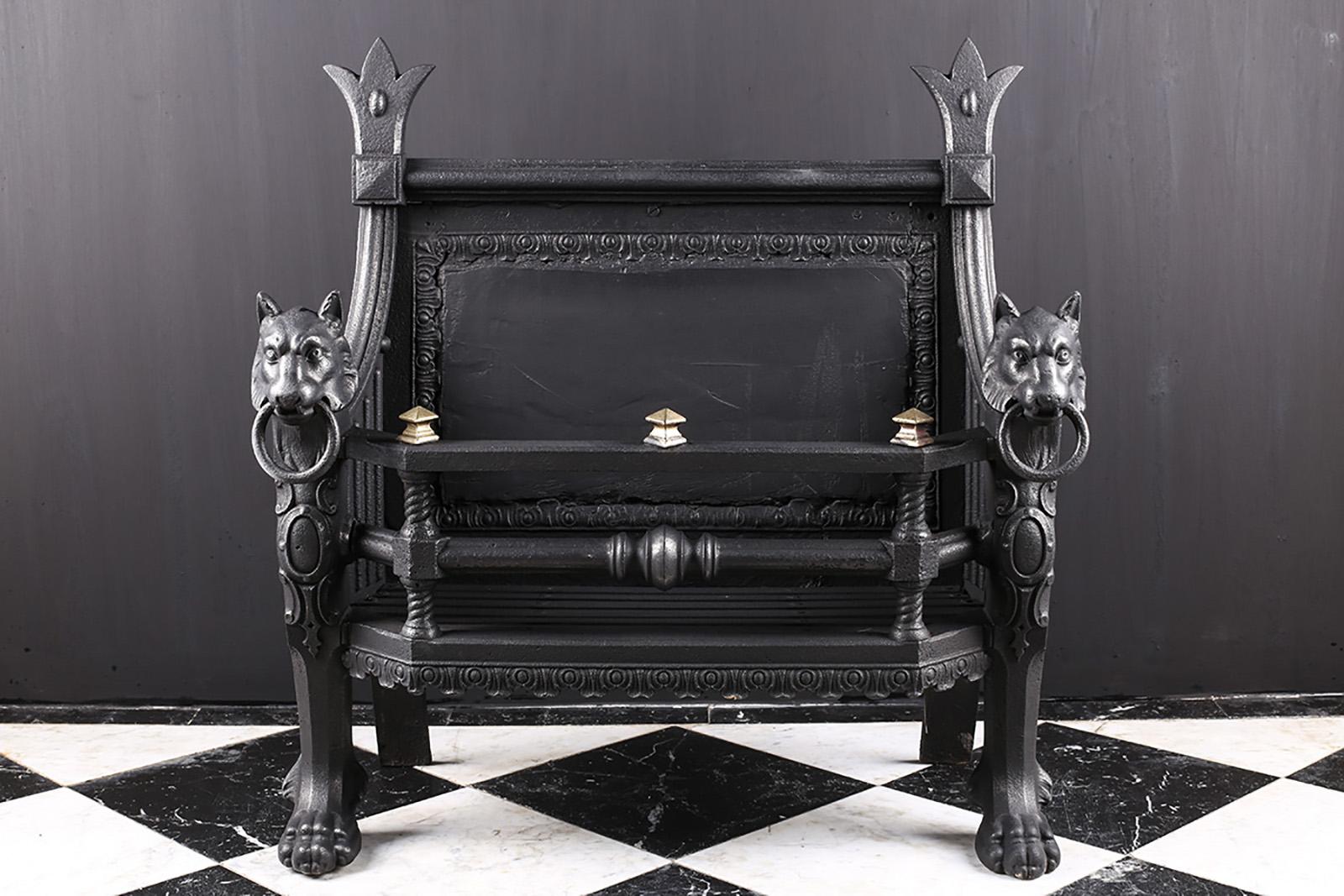 Large Regency cast iron fire basket circa 1820

A large English Regency cast iron fire basket, with two wolfhound andirons with rings in their mouths and paw feet, the front bars with tie baton detail, English, circa 1820.

Depth: 16? – 40.6