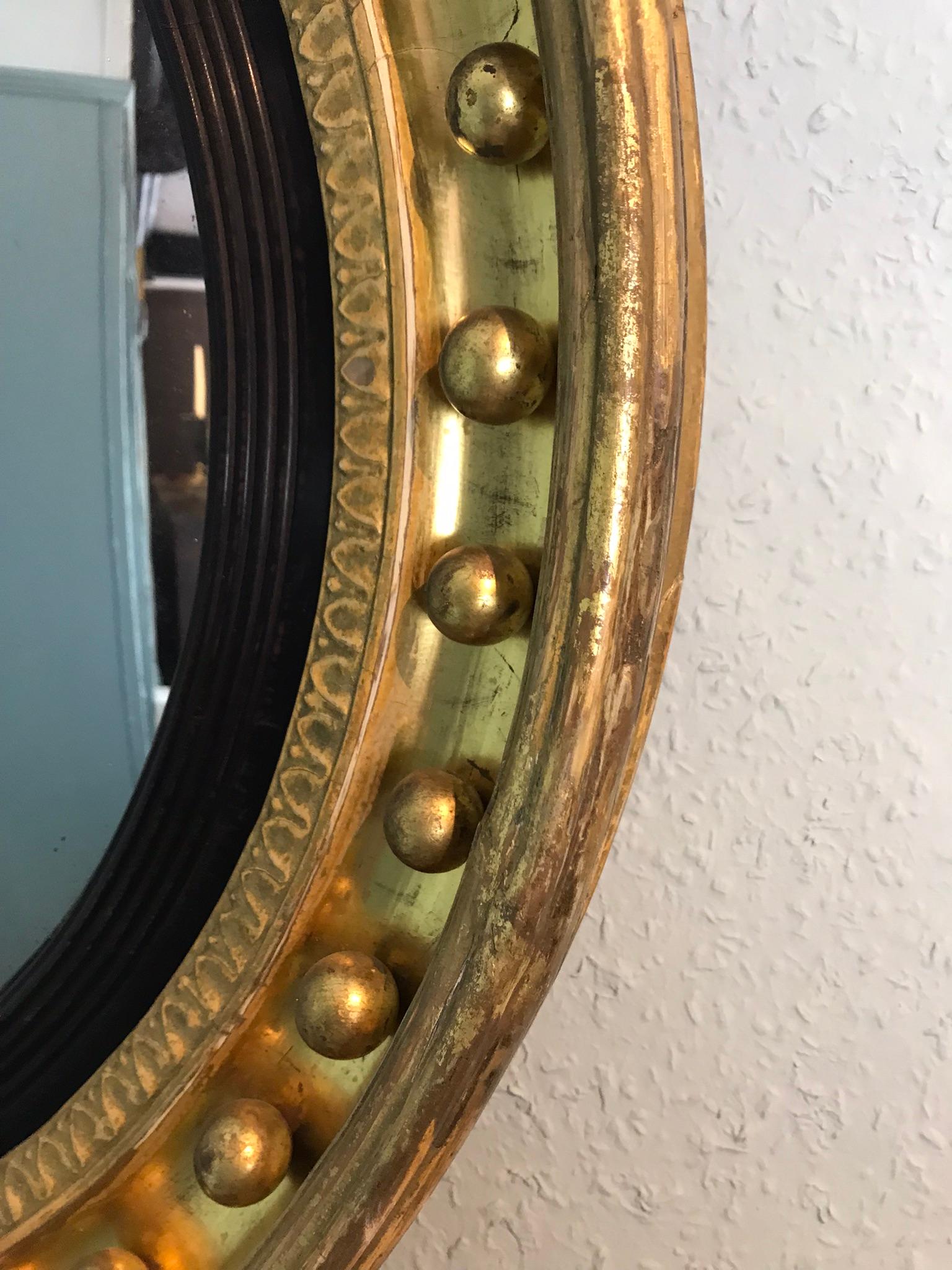 English Large Regency Gilt Convex Mirror with Original Mercury Plate