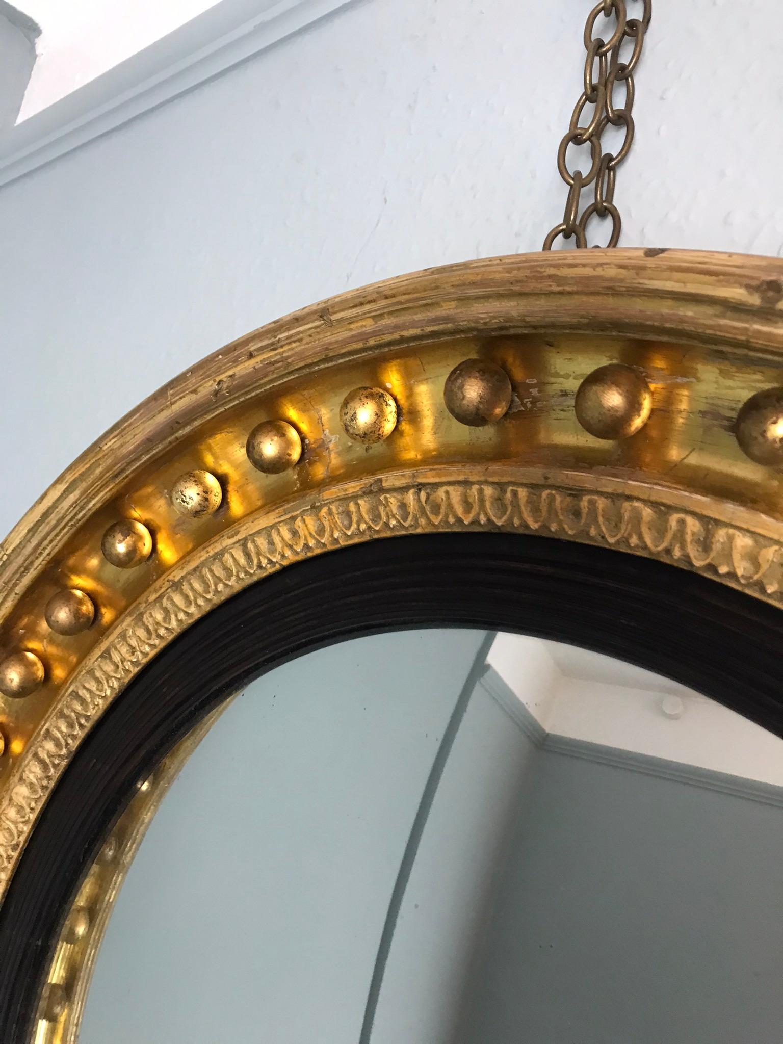 Large Regency Gilt Convex Mirror with Original Mercury Plate In Good Condition In Sherborne, GB