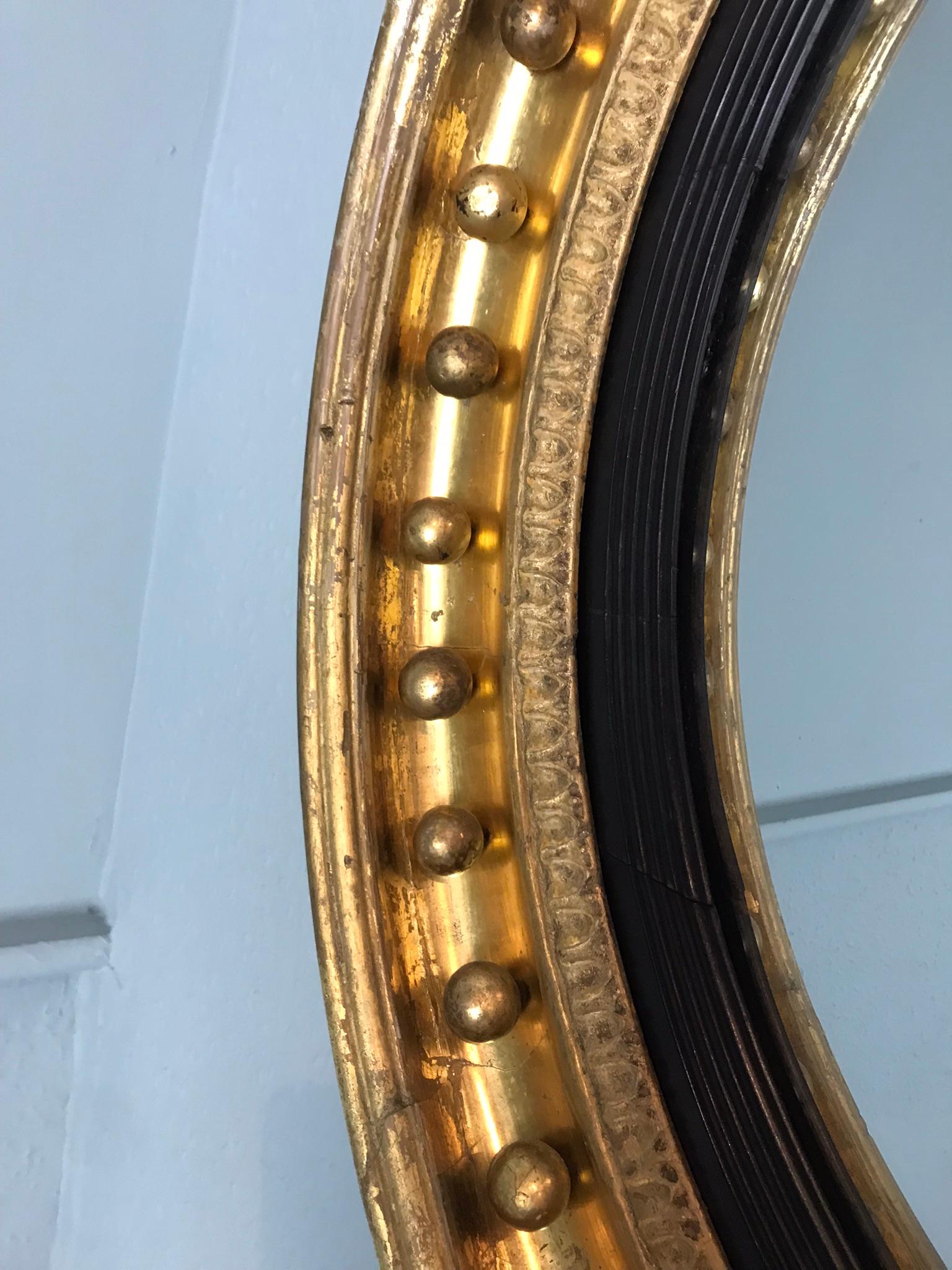 19th Century Large Regency Gilt Convex Mirror with Original Mercury Plate