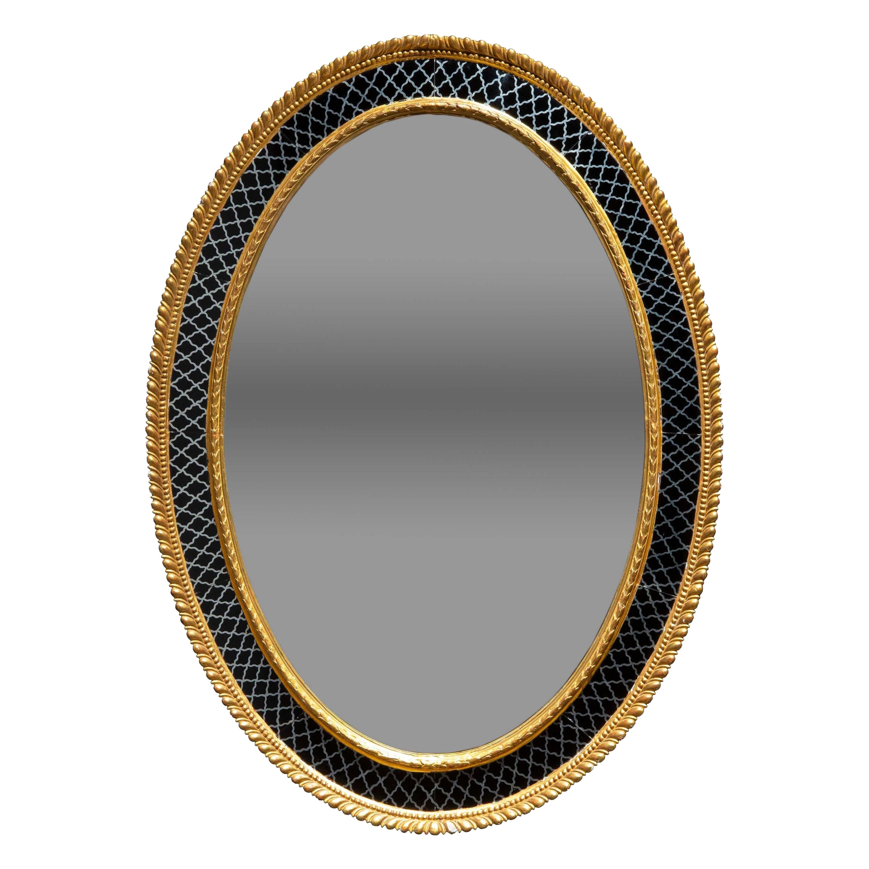 Großer ovaler Regency-Wandspiegel aus Giltholz mit Églomisé-Bordüre CIRCA 1790