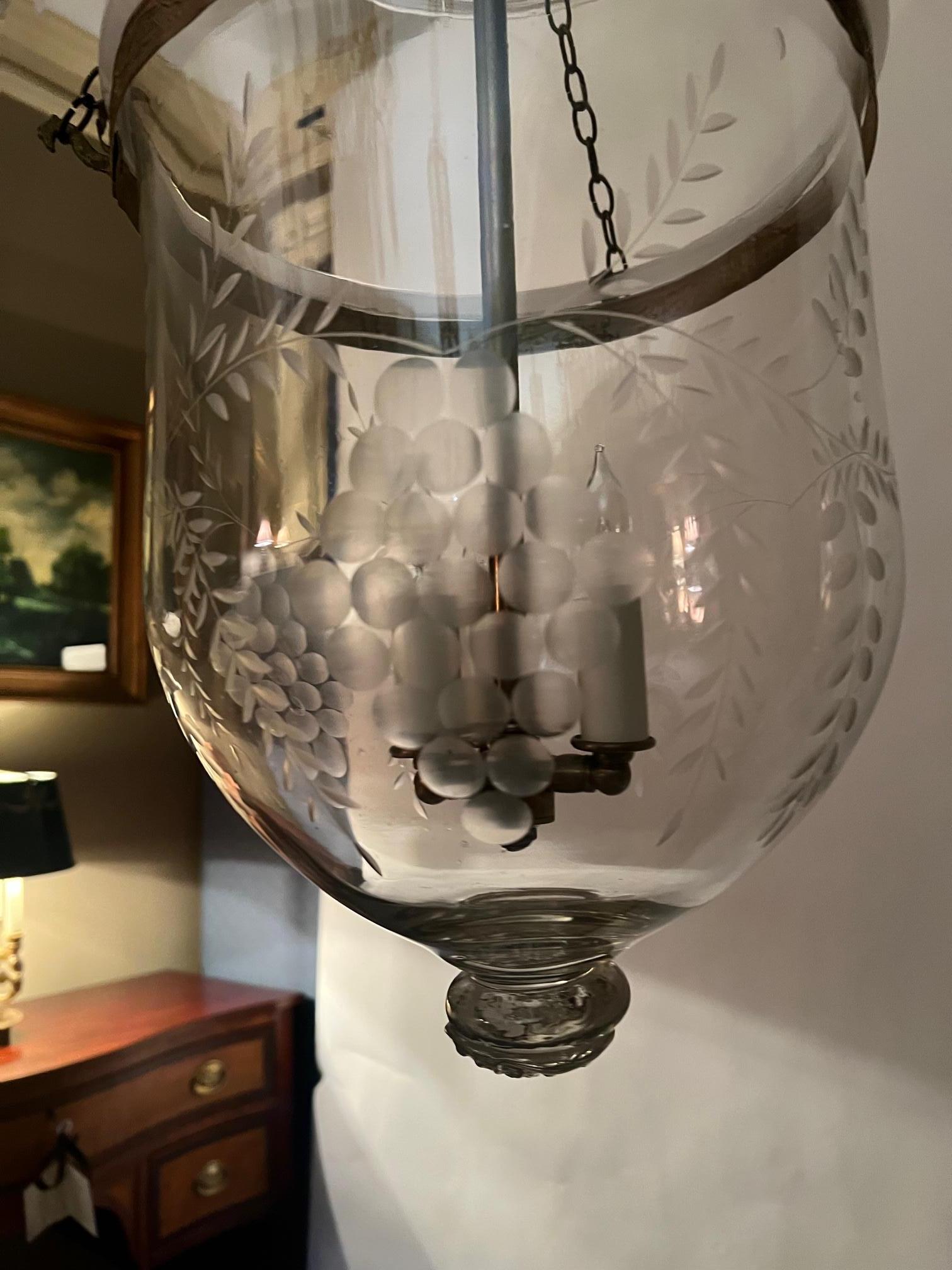 Blown Glass Large Regency Grape Pattern Hand Blown & Etched Bell Jar Lantern