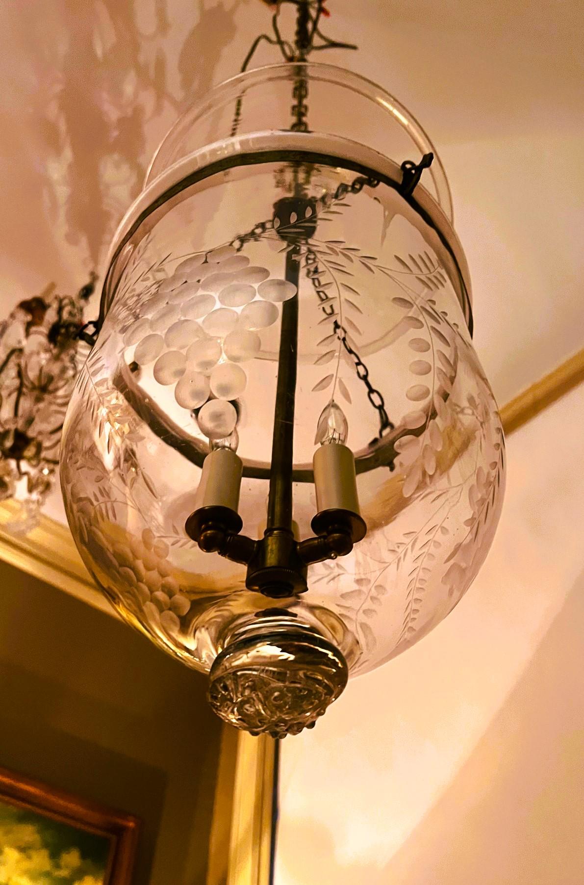 Large Regency Grape Pattern Hand Blown & Etched Bell Jar Lantern 1