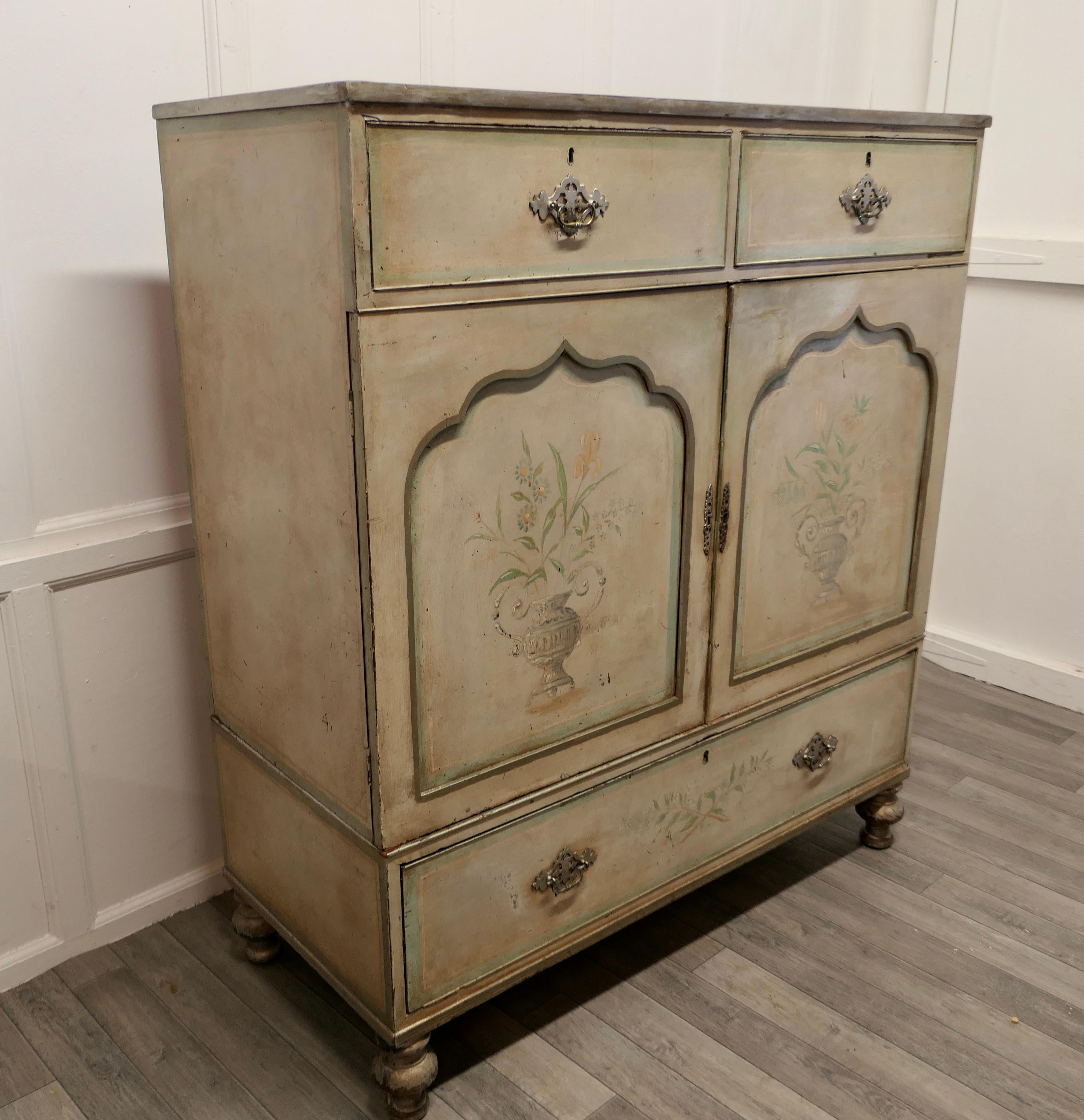 19th Century Large Regency Hand Painted Linen Press Cupboard  For Sale
