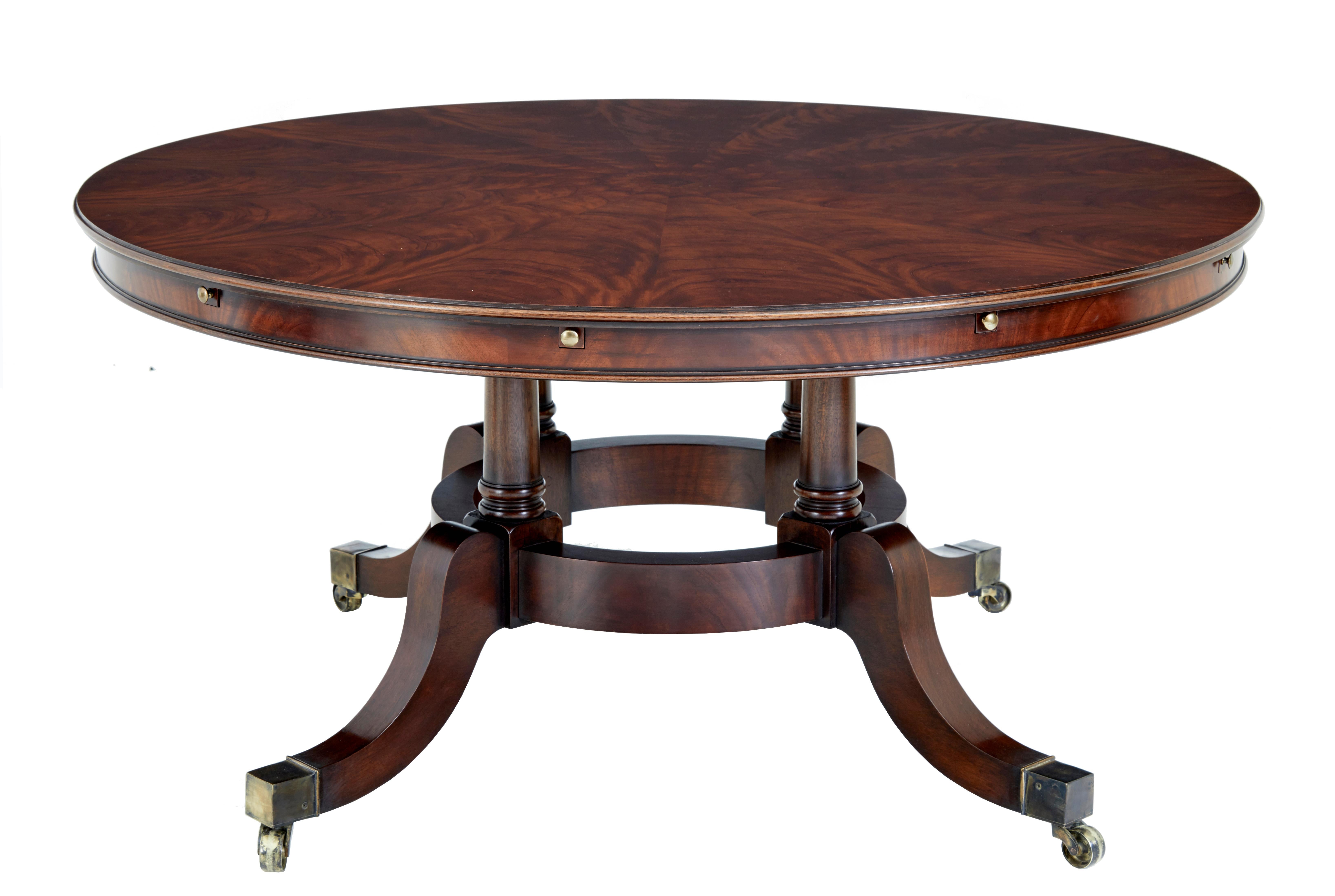This is an example of a fine quality flame mahogany veneered jupe table made in england.

These tables take approximately 10 weeks from commission and make and can also be made with customer alterations and finishes.

Circular top with arranged