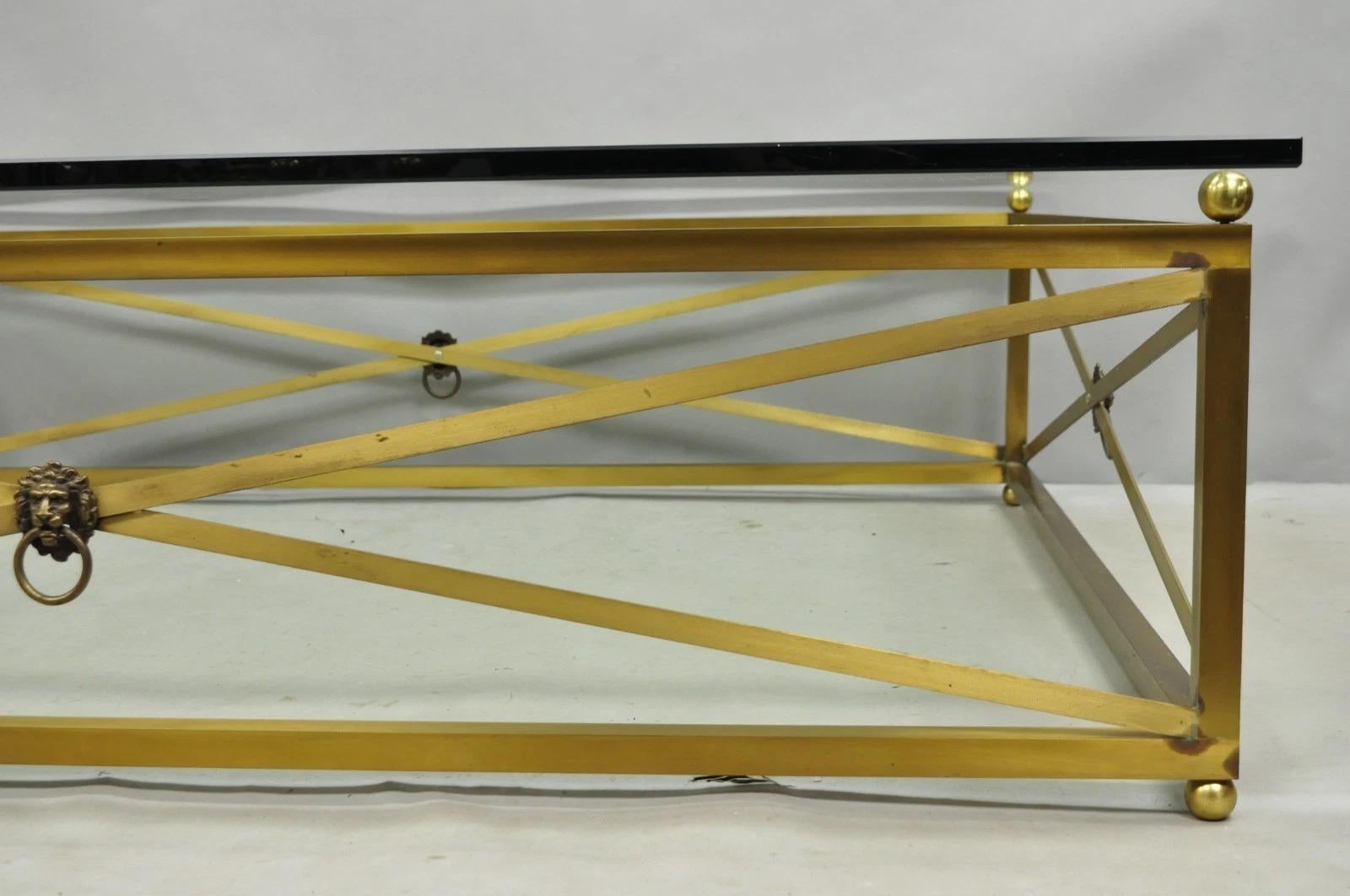 Large Regency Style Burnished Brass Rectangular Glass Top Coffee Table w/ Lions For Sale 5