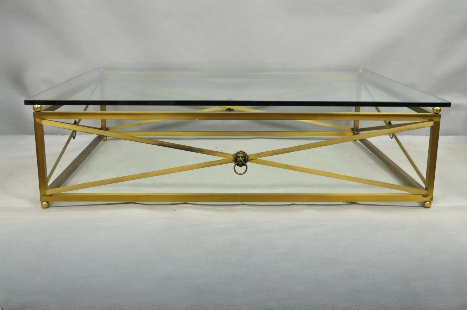 Large Regency Style Burnished Brass Rectangular Glass Top Coffee Table w/ Lions For Sale 7
