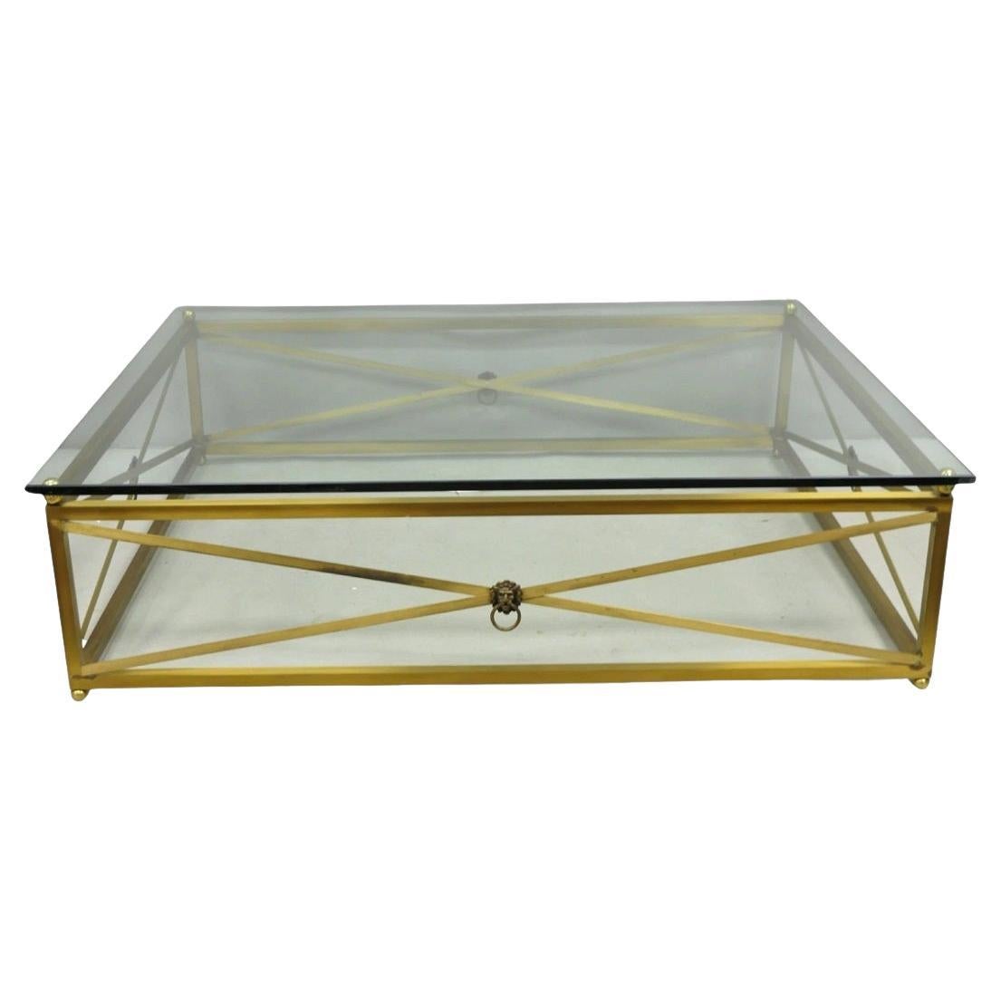 Large Regency Style Burnished Brass Rectangular Glass Top Coffee Table w/ Lions For Sale