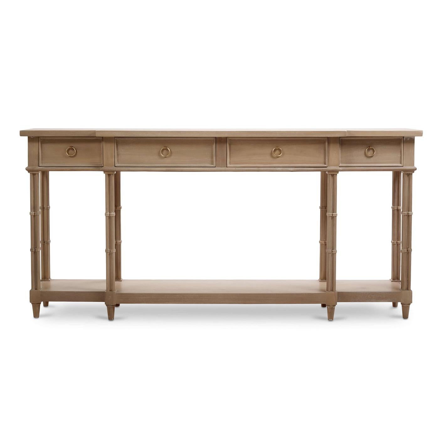 A masterpiece made from high-quality mahogany and finished in a sophisticated sandbar finish. This table embodies timeless elegance with its cluster column form legs, adding a touch of classic Regency style to any room. 

The warm sandbar finish