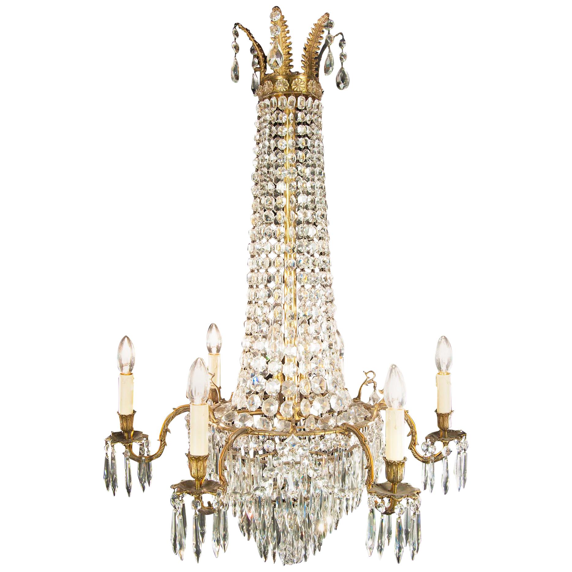 Large Regency Style Cut Glass and Gilt Bronze Six-Light Antique Chandelier For Sale