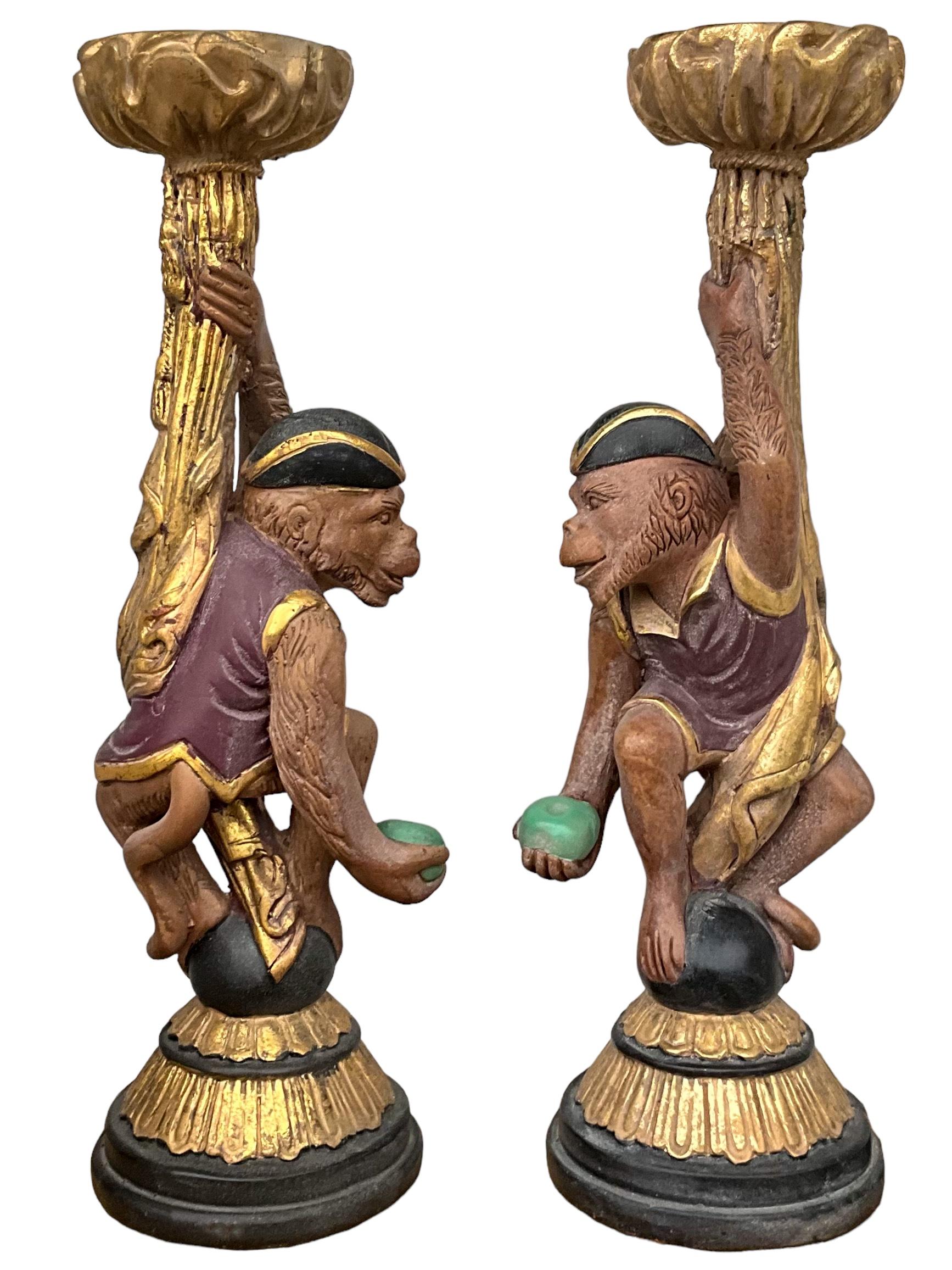 Resin Large Regency Style Gilt Monkey Form Candle Holders Att. Maitland-Smith - Pair For Sale