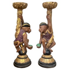 Retro Large Regency Style Gilt Monkey Form Candle Holders Att. Maitland-Smith - Pair