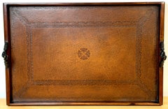 Large Regency Style Gilt-Tooled Leather Tray with Clasped Bronze Hands, 20th C.