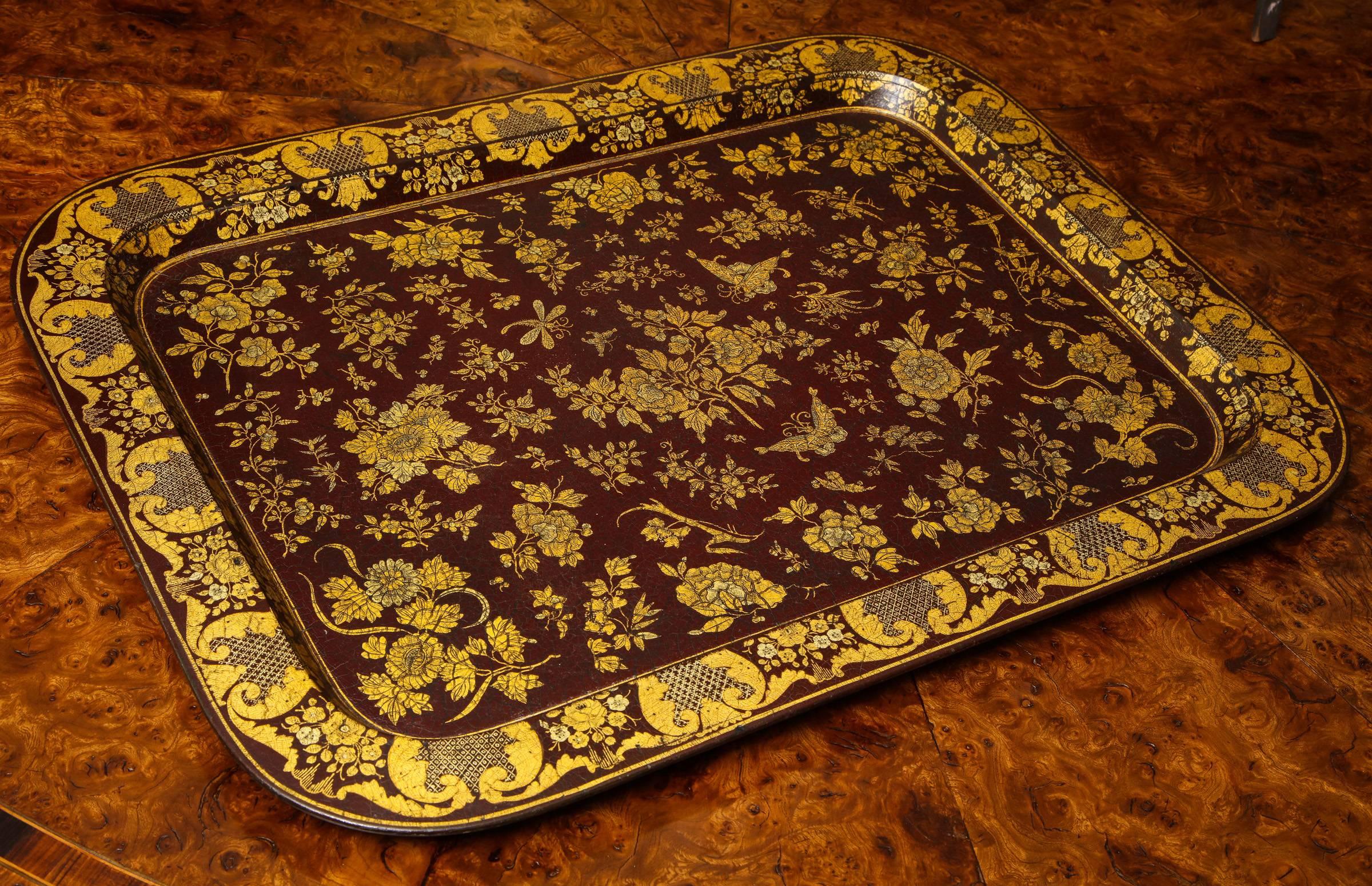 English Large Regency Wine Colored Papier Mâché Rectangular Tray, circa 1830 In Stock For Sale
