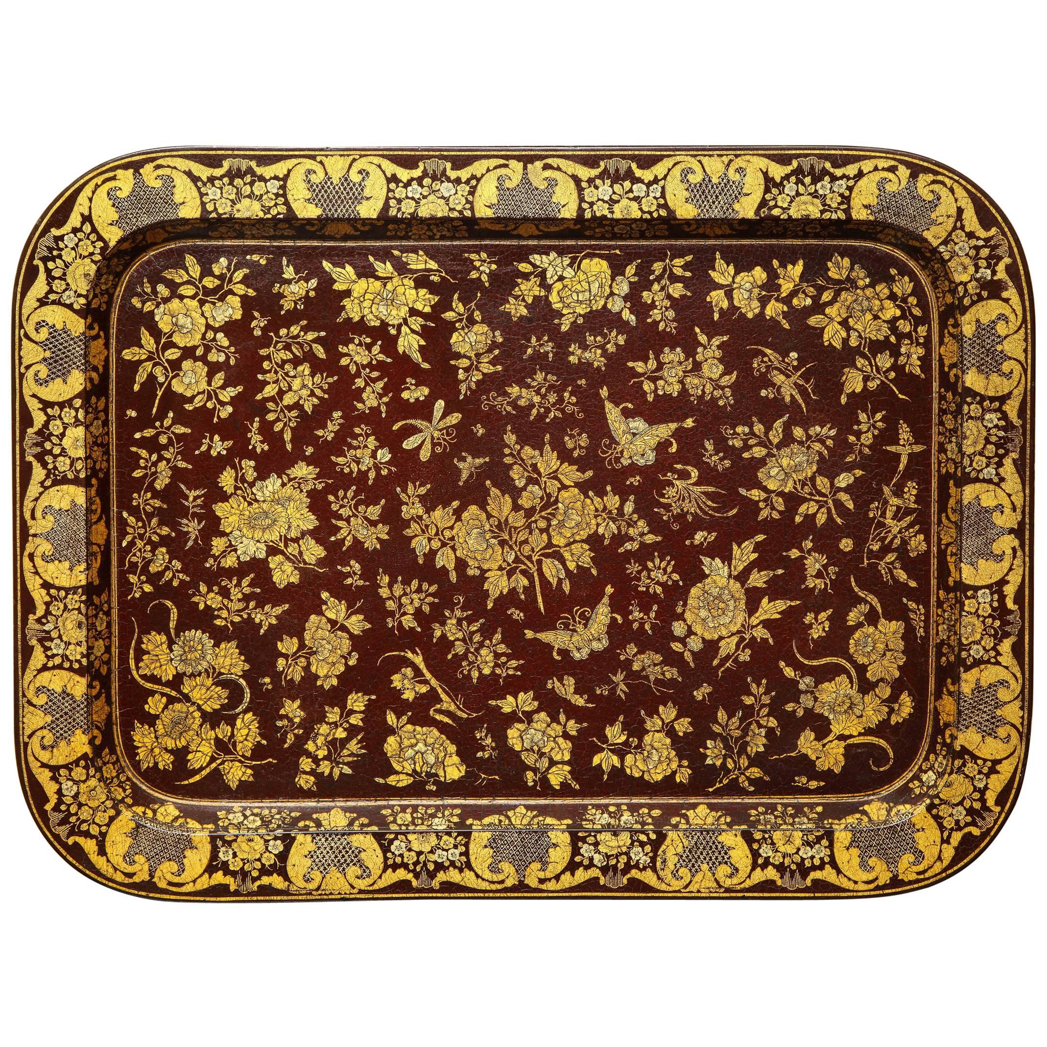 Large Regency Wine Colored Papier Mâché Rectangular Tray, circa 1830 In Stock For Sale