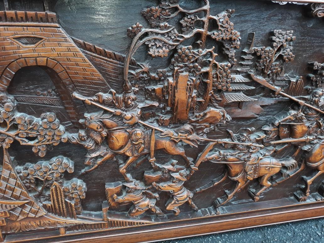 Large Relief Carved Chinese Hardwood Panel In Good Condition In Lambertville, NJ