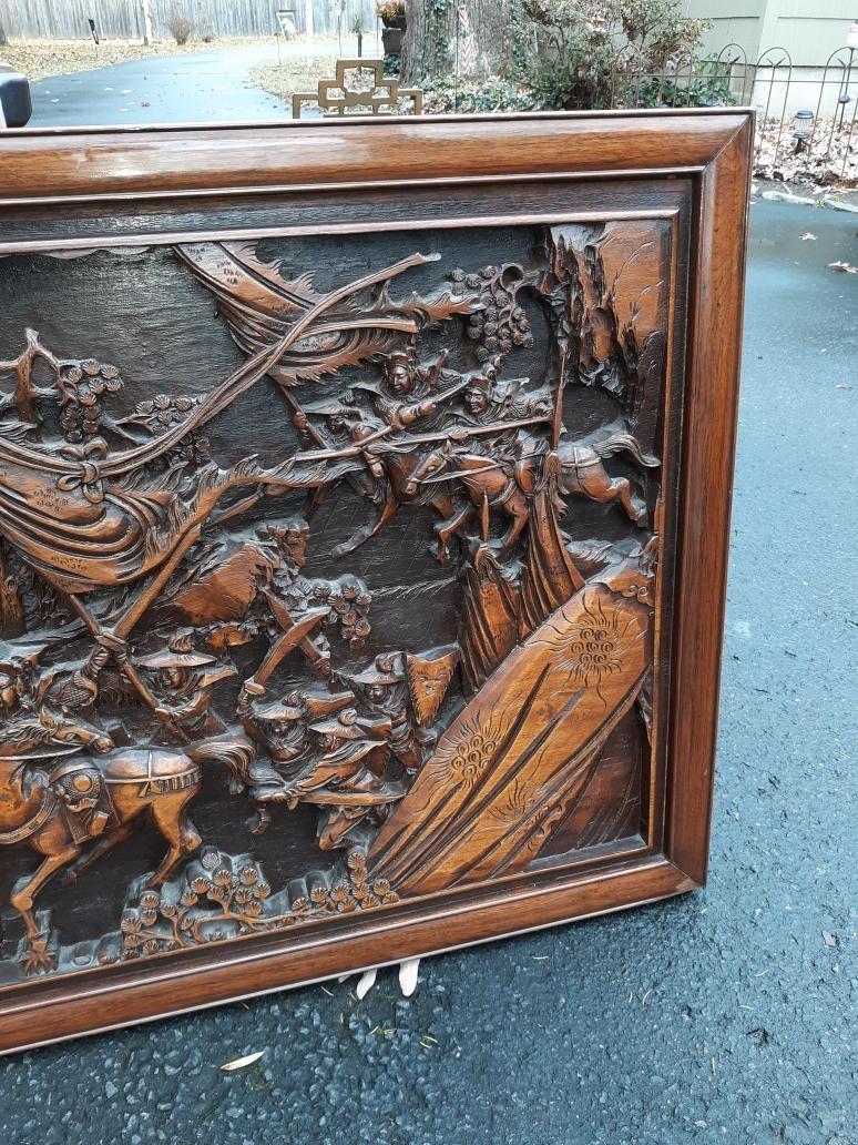 20th Century Large Relief Carved Chinese Hardwood Panel
