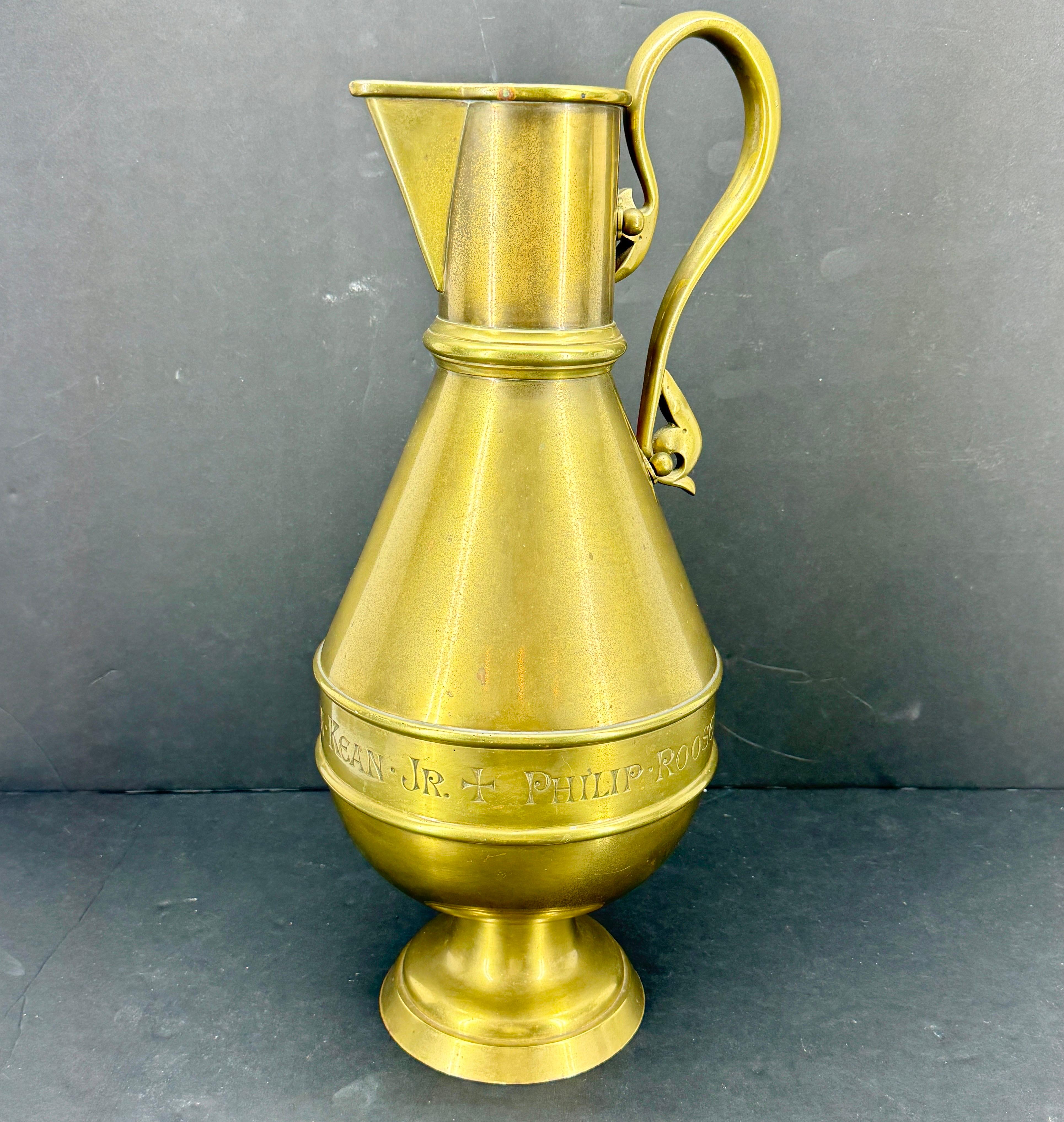 Large Religious Gothic Brass Water Jug Marked Roosevelt For Sale 9