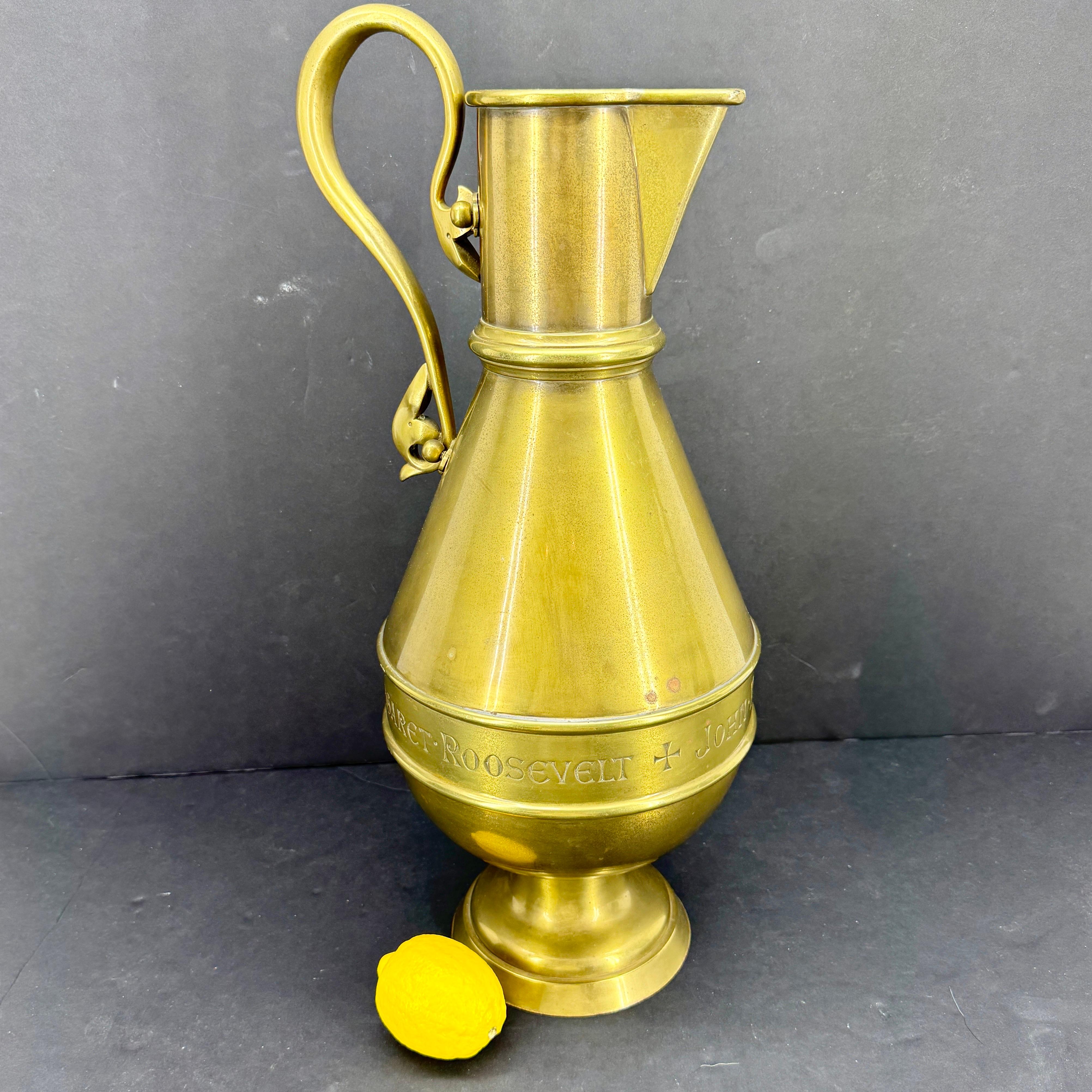 Large Religious Gothic Brass Water Jug Marked Roosevelt For Sale 11